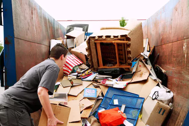 woman with cardboard garbage heap truck 1048944 28732601
