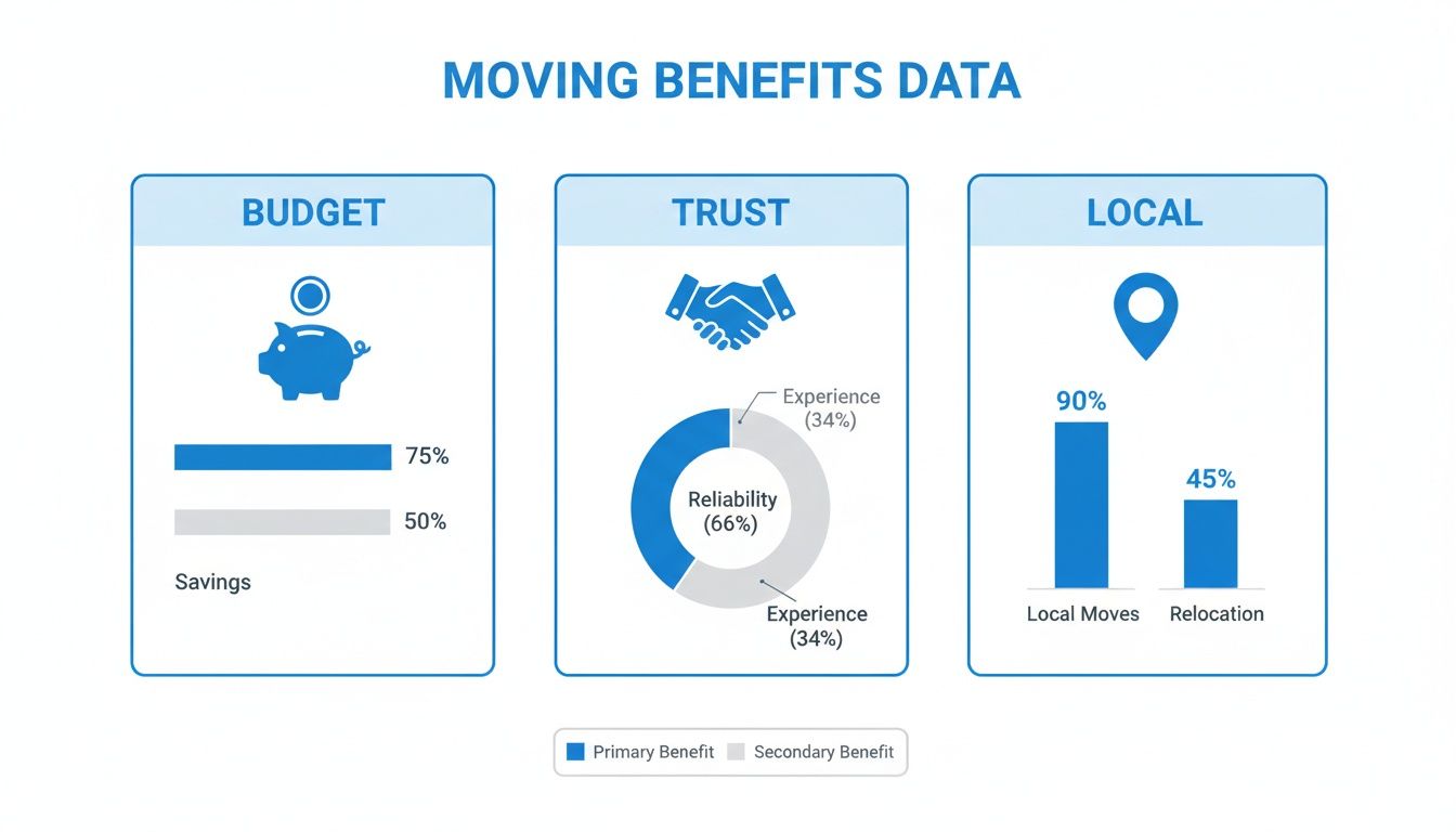 An infographic titled 'Moving Benefits Data' showing budget, trust, and local moving statistics.