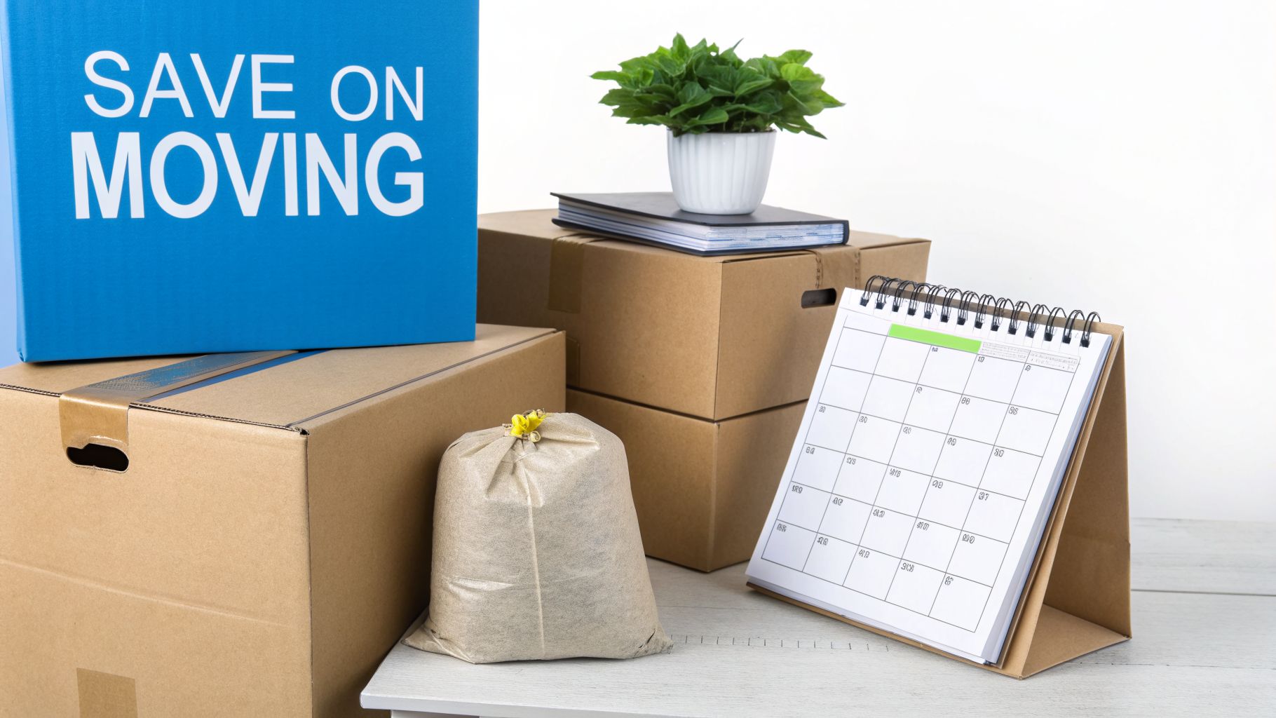 Moving boxes, a calendar, and a plant signify moving preparations, with a 'SAVE ON MOVING' box.