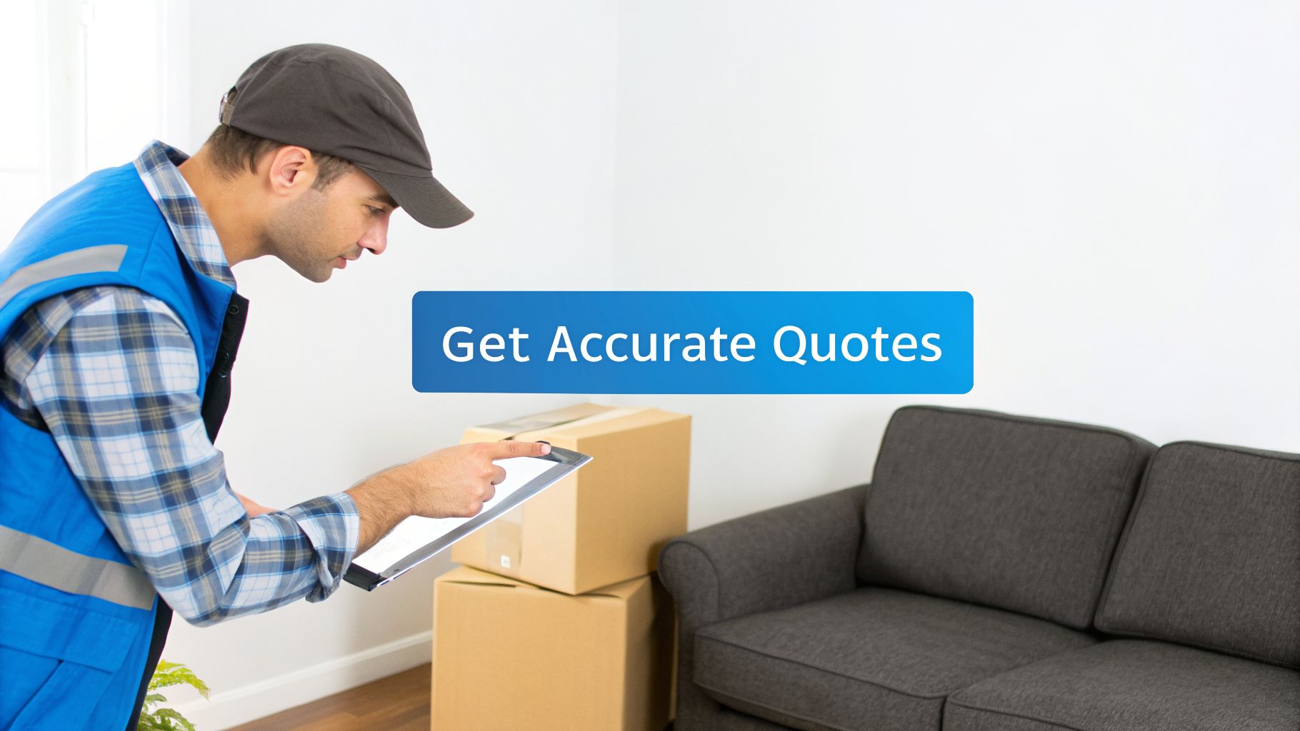 A mover in a blue vest and cap uses a tablet to provide accurate quotes for boxes and a sofa.