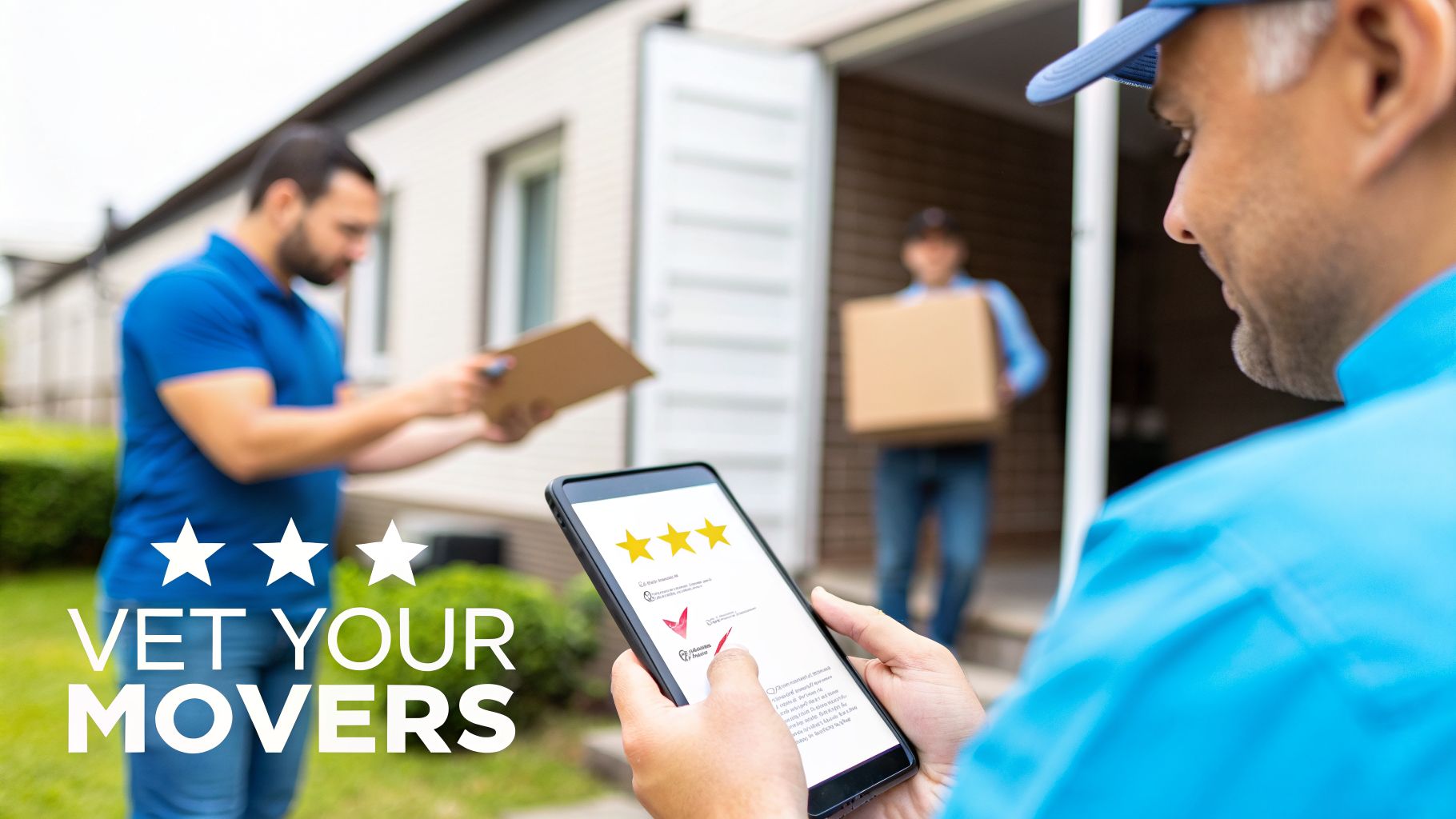 Man vets moving services on a phone app with a rating system, while movers deliver in the background.