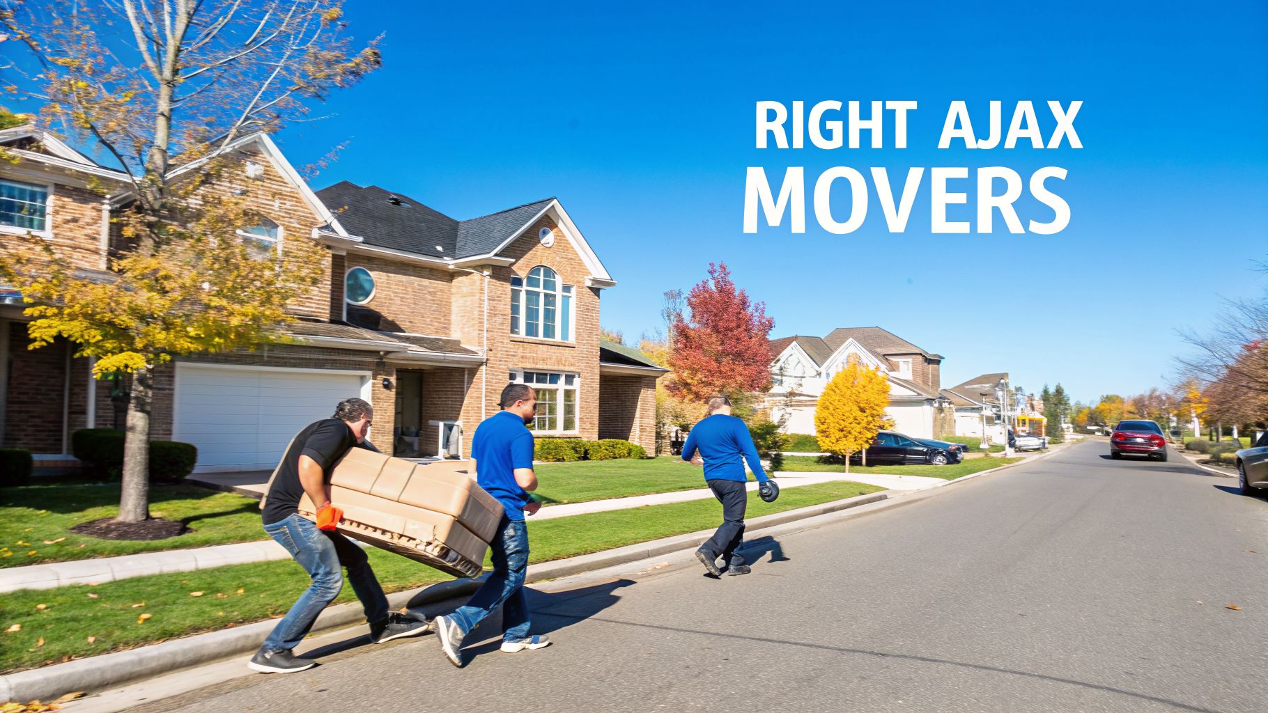 Professional movers carrying a large box on a sunny day in a tree-lined suburban neighborhood.