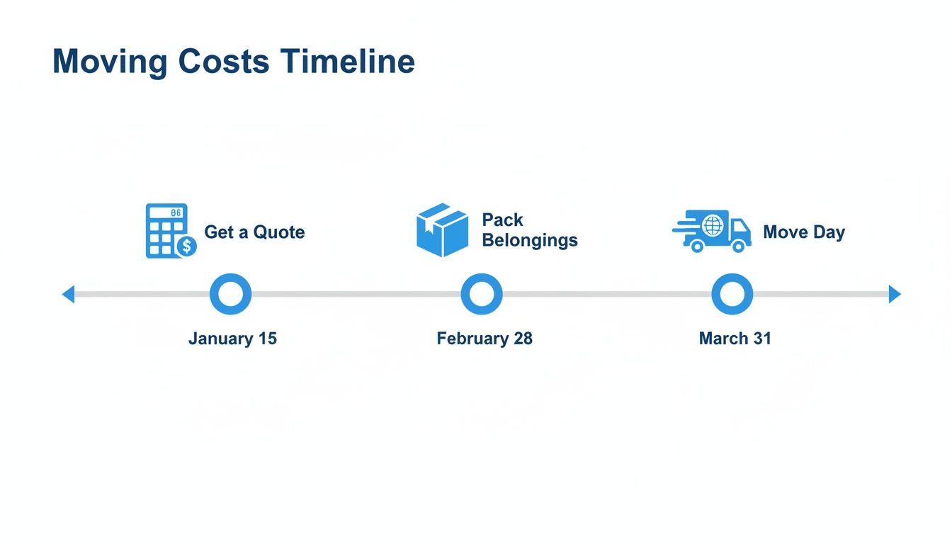 Moving costs timeline illustrating key steps: getting a quote, packing belongings, and move day.