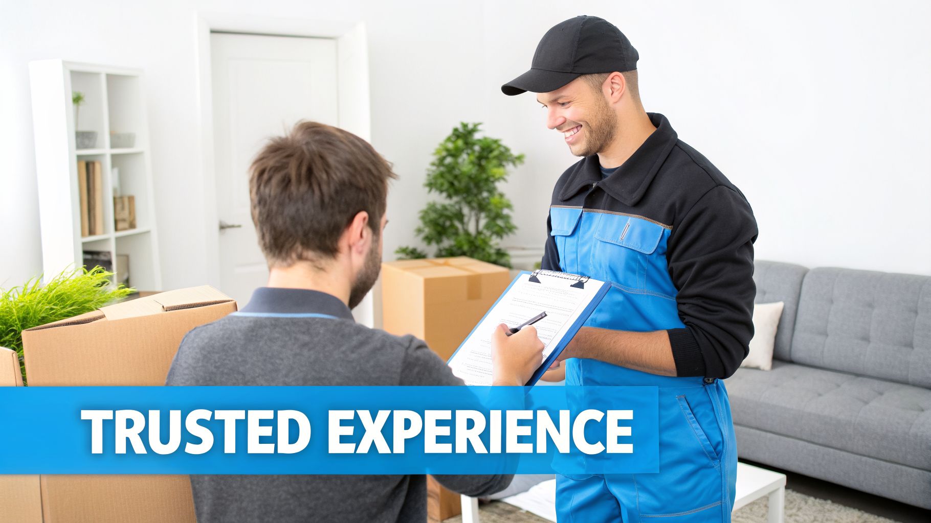 A smiling delivery man in uniform watches a customer sign a document on a clipboard, surrounded by moving boxes.