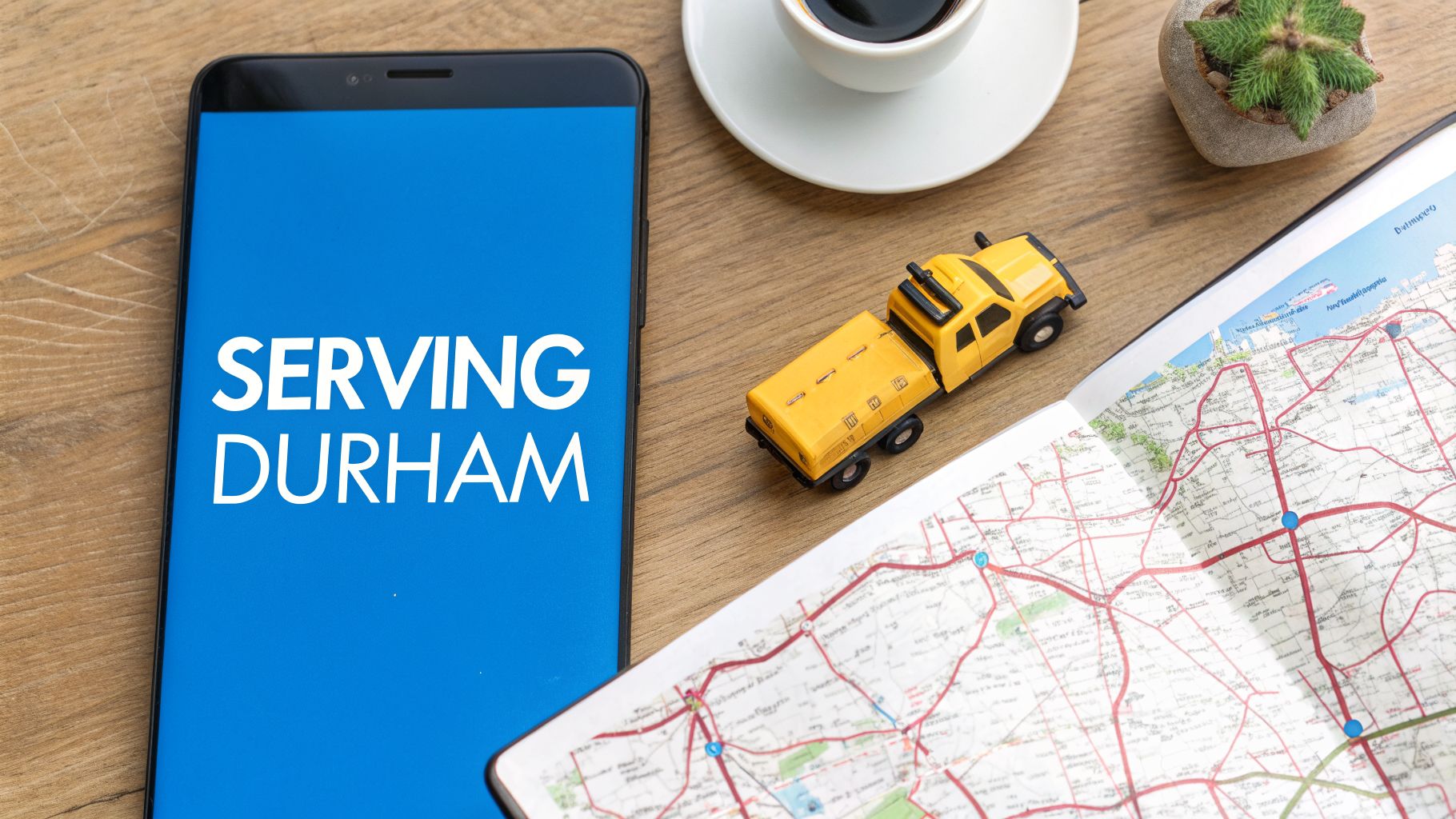 A smartphone displaying 'SERVING DURHAM' next to a toy truck, coffee, and a map on a wooden table.