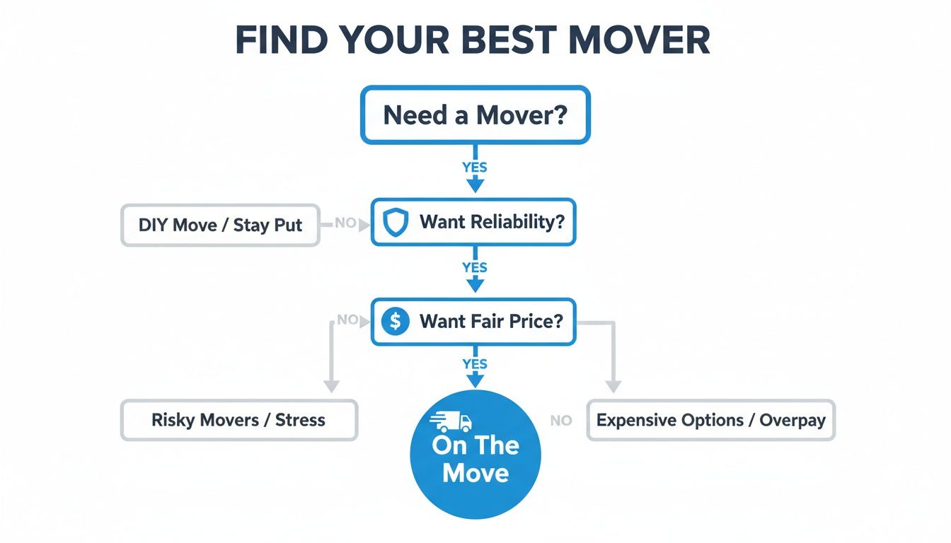 Flowchart illustrating the decision process to find your best mover based on reliability and price.