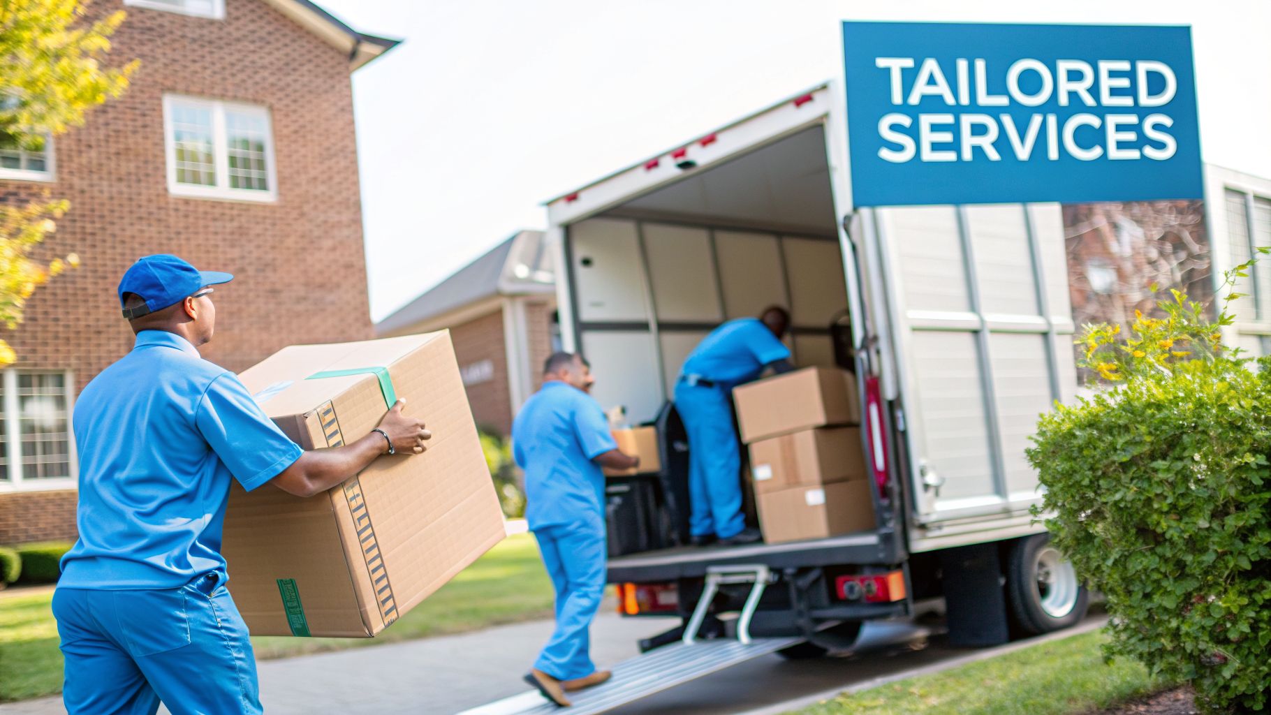 Professional movers in blue uniforms loading cardboard boxes onto a moving truck in front of a house.