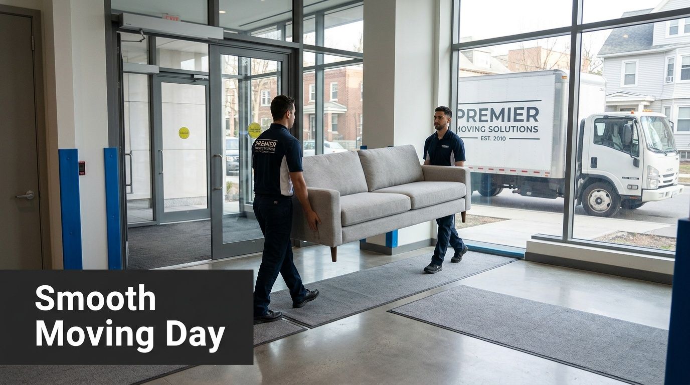 Two professional movers from Premier Moving Solutions carefully carry a grey sofa out of a building.
