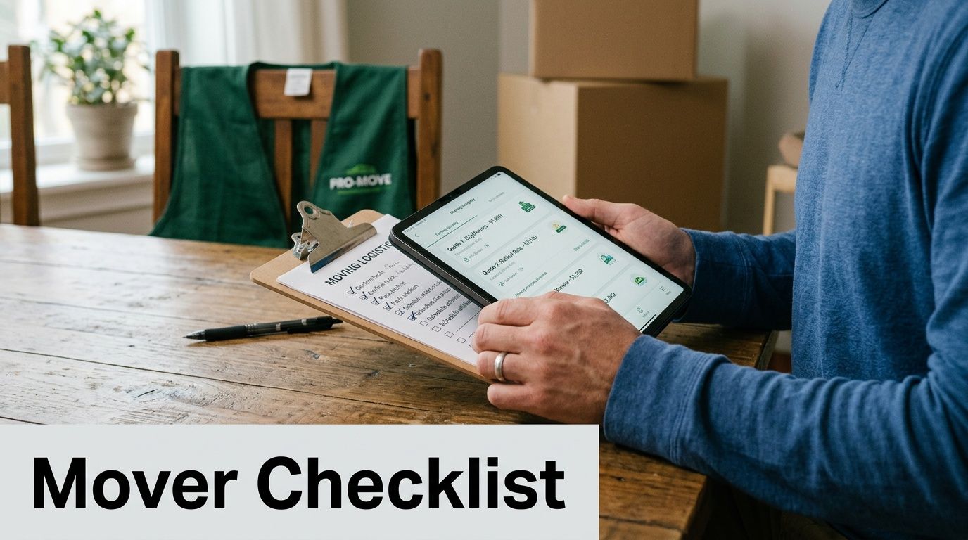 A person reviewing moving logistics with a checklist on a clipboard and comparing quotes on a tablet.