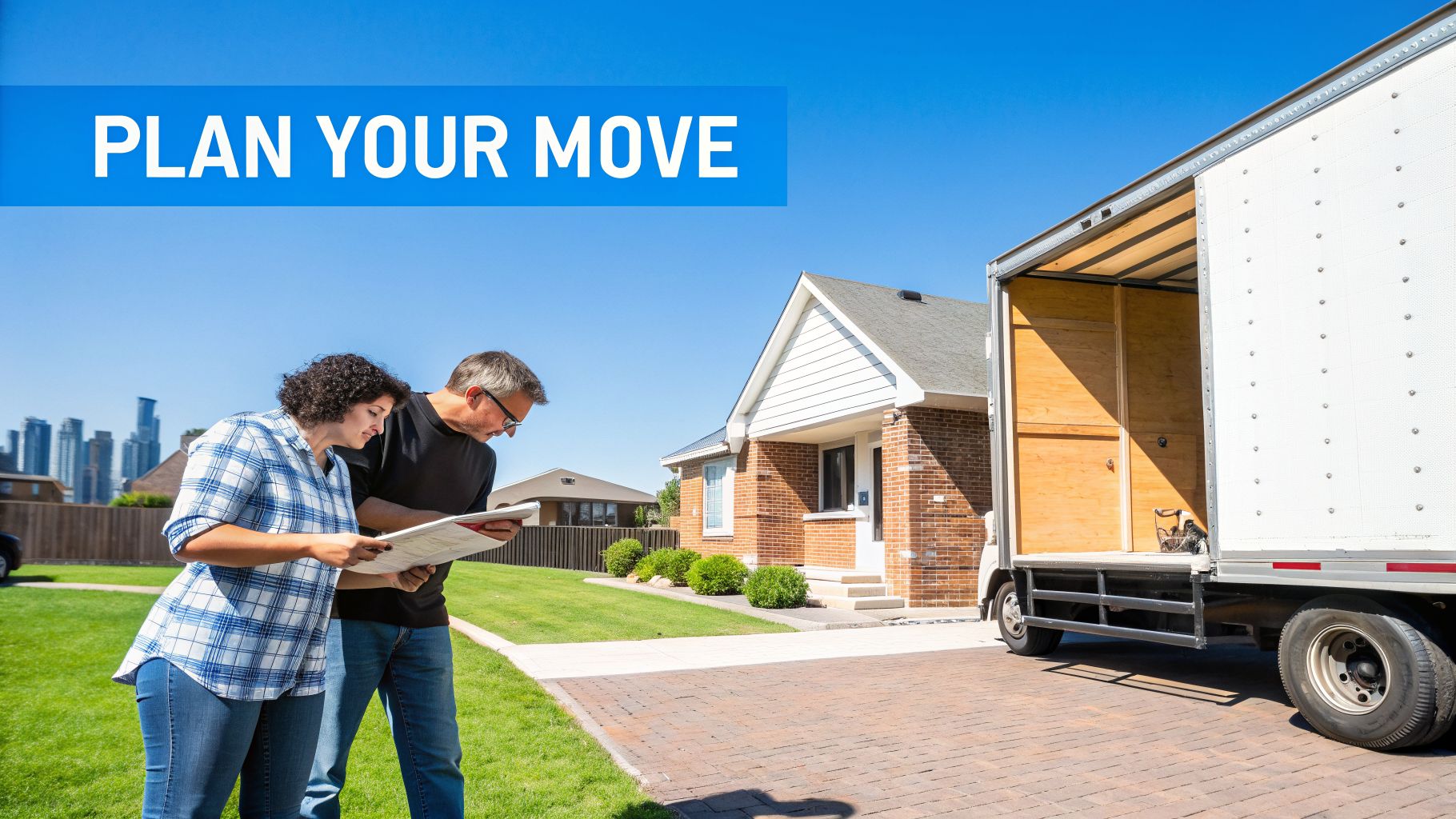 A couple planning their move, looking at documents in front of a house and a moving truck.