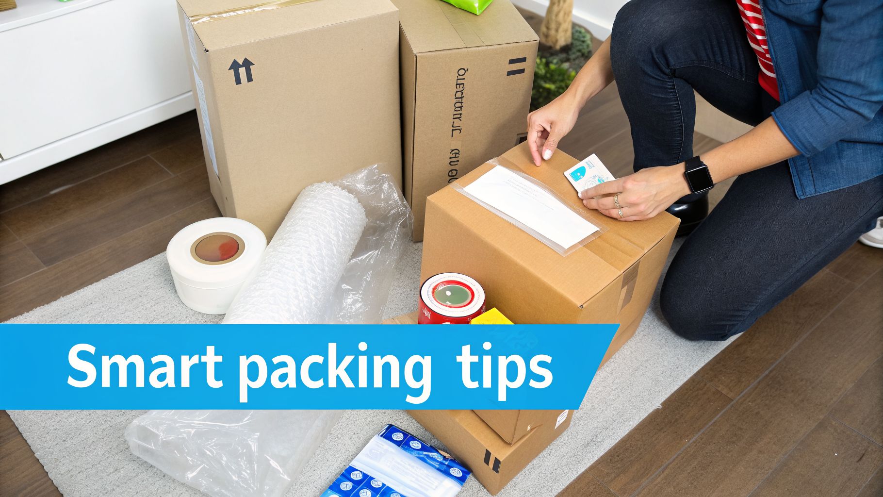 A person preparing a cardboard box for moving, surrounded by packing supplies like bubble wrap and tape.