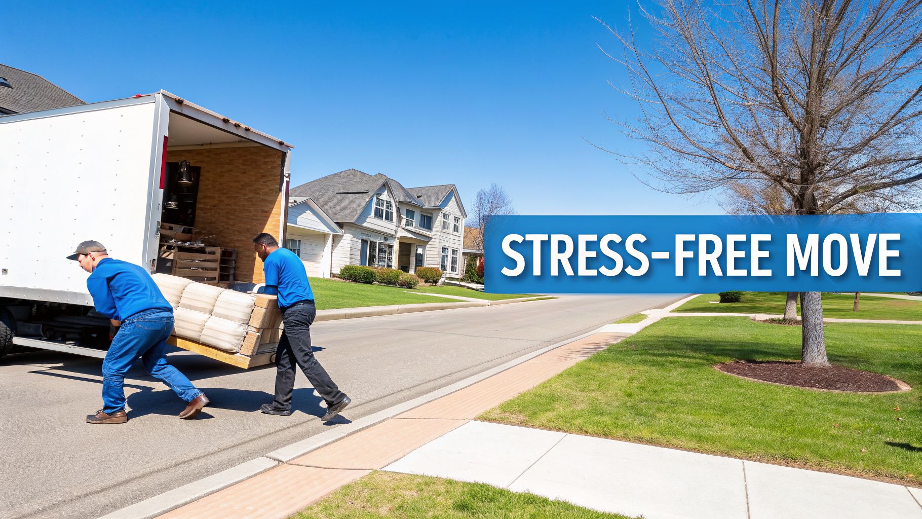 Two professional movers in blue uniforms carrying a sofa out of a white moving truck on a sunny day.