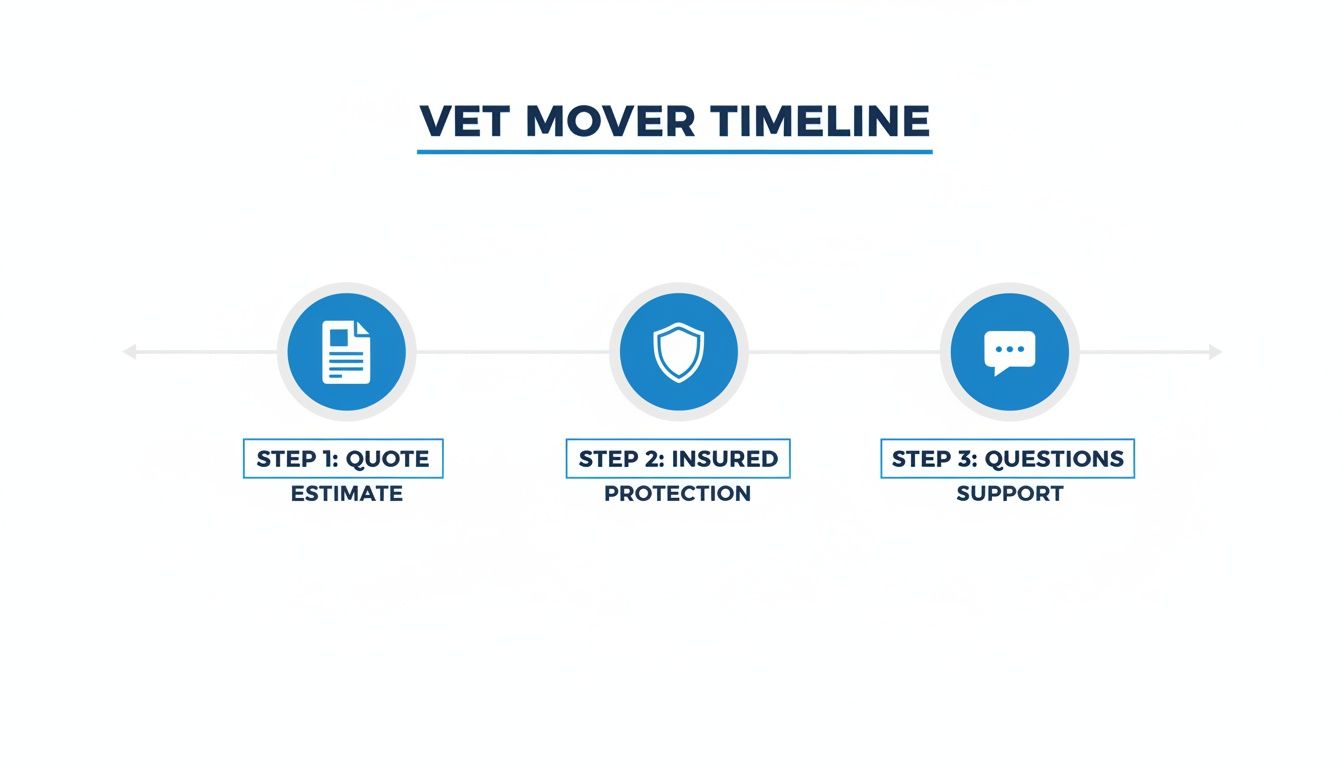 A three-step timeline for Vet Movers: quote estimate, insured protection, and questions support.