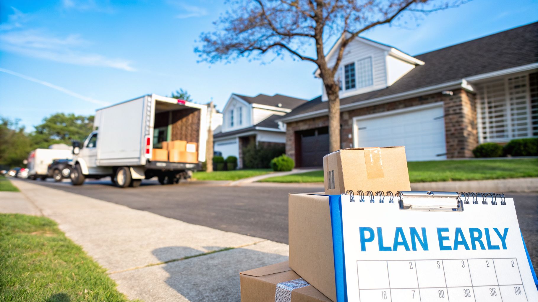 A moving truck on a suburban street with cardboard boxes and a 'PLAN EARLY' calendar.