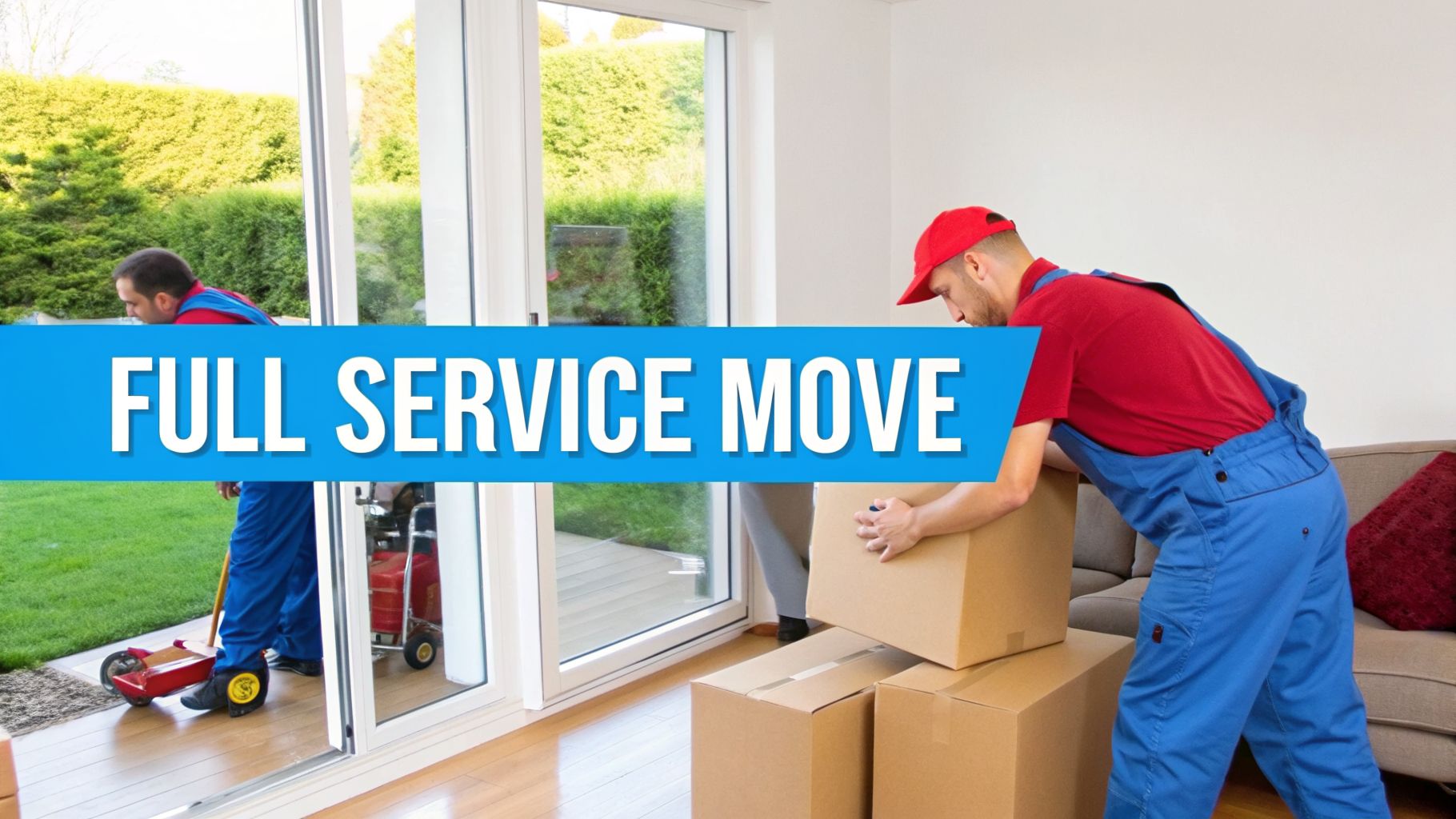 Two professional movers handling cardboard boxes during a residential full service move.
