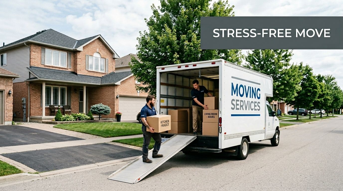Professional movers unload boxes from a white "Moving Services" truck in front of a house.