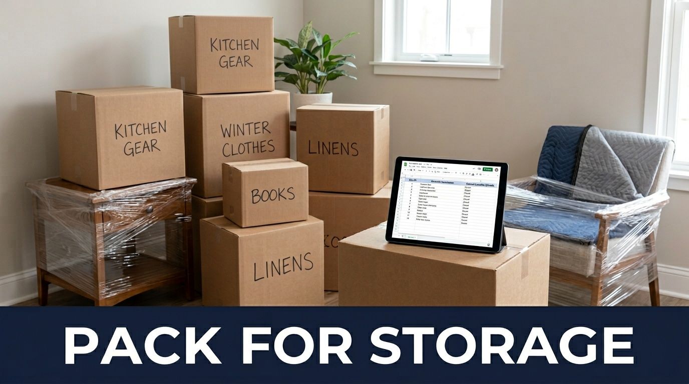 Moving boxes labeled for storage, wrapped furniture, and a tablet displaying an inventory list.