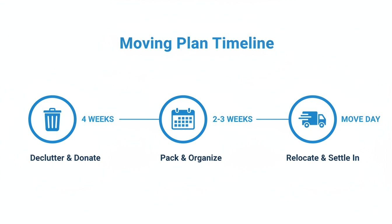 A moving plan timeline graphic with stages: Declutter & Donate, Pack & Organize, and Relocate & Settle In.