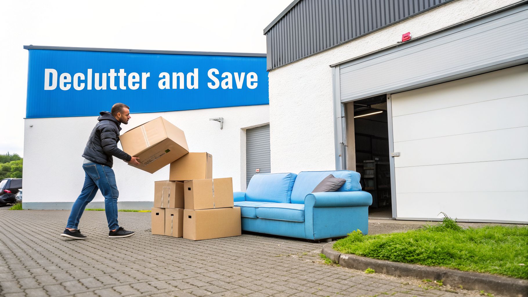 A man carries cardboard boxes outside a building with a 'Declutter and Save' sign, near a blue sofa.