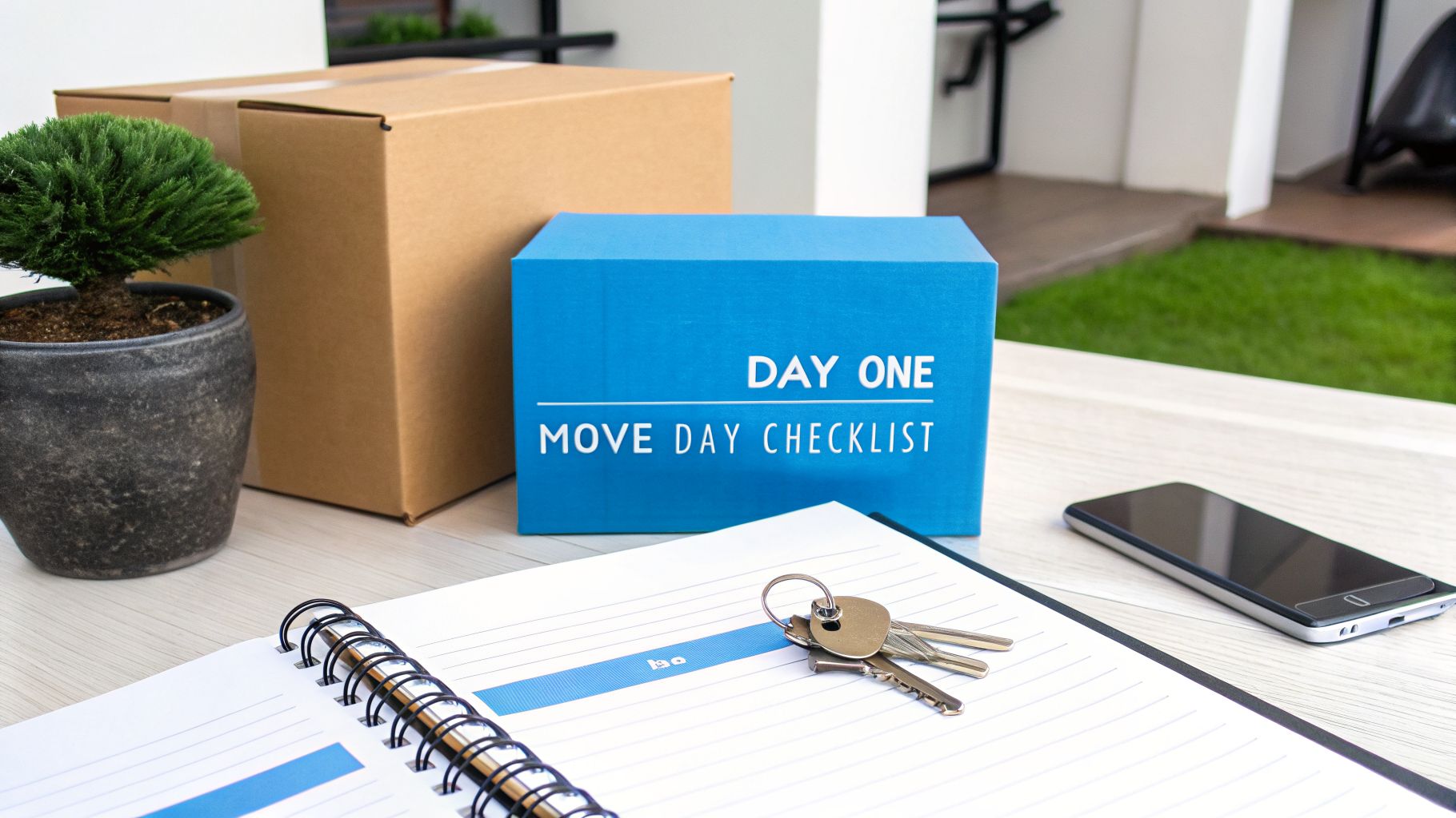 Desk with moving day essentials: keys, a 'Move Day Checklist' box, phone, and cardboard boxes.