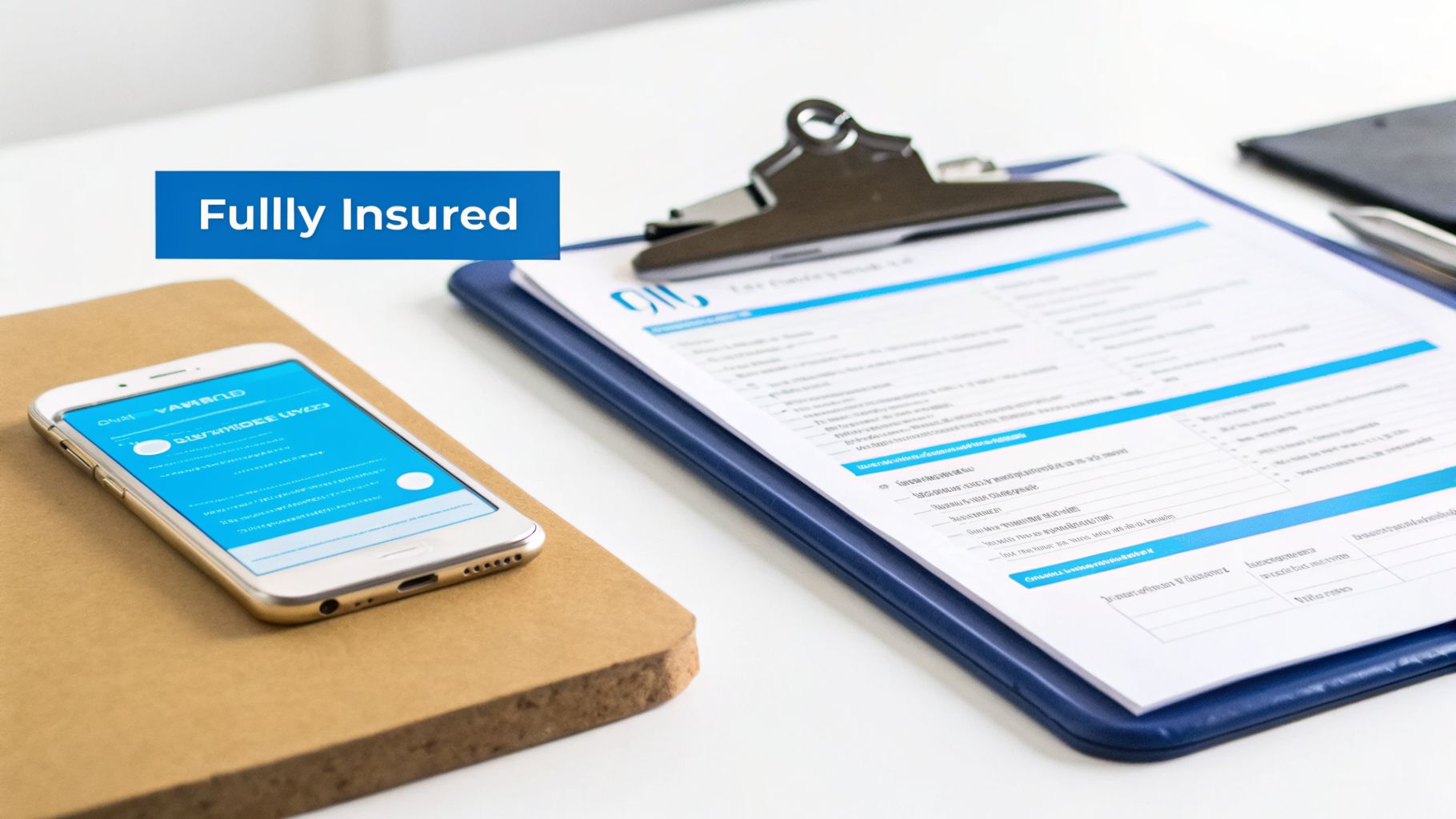 A desk with a blue clipboard, a smartphone displaying a blue screen, and a 'Fully Insured' banner.