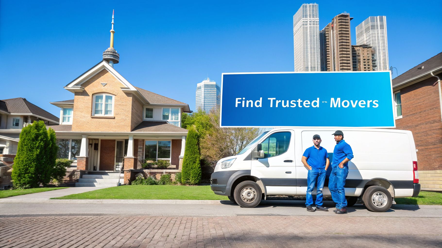 Two movers stand by a white van in front of a house, with a city skyline and 'Find Trusted Movers' sign.