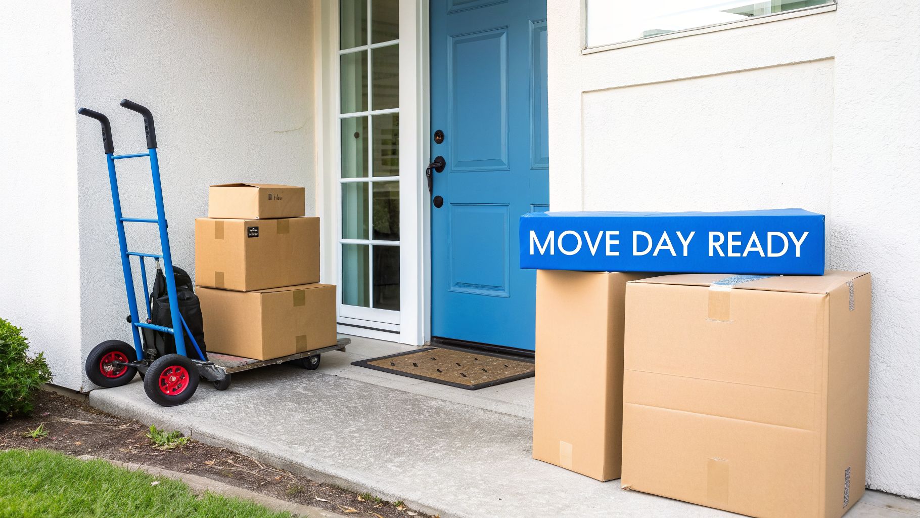 Cardboard moving boxes, a blue hand truck, and a 'MOVE DAY READY' box outside a house.