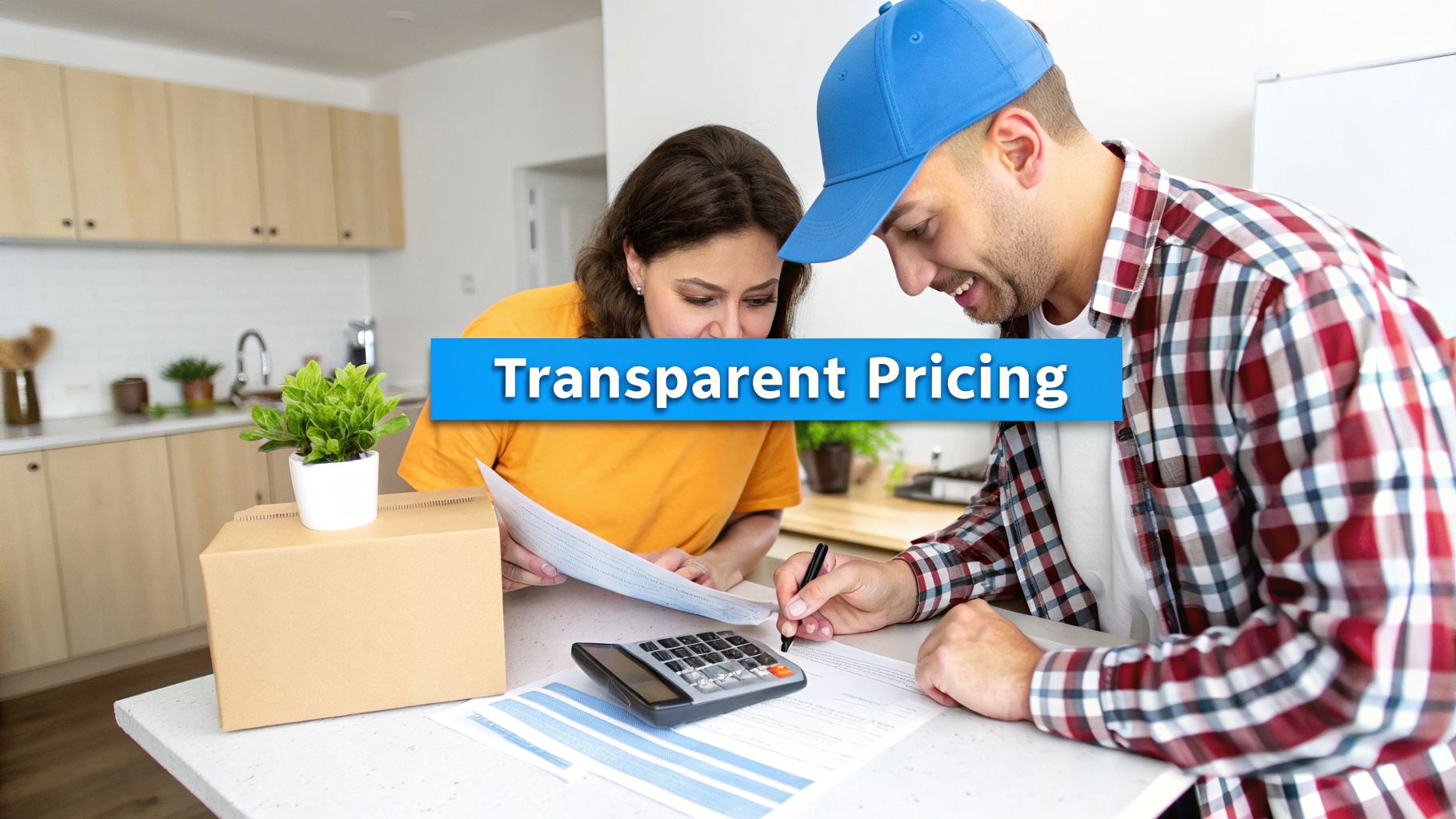 A man and a woman discuss documents with a calculator on a kitchen counter, with 'Transparent Pricing' overlay.