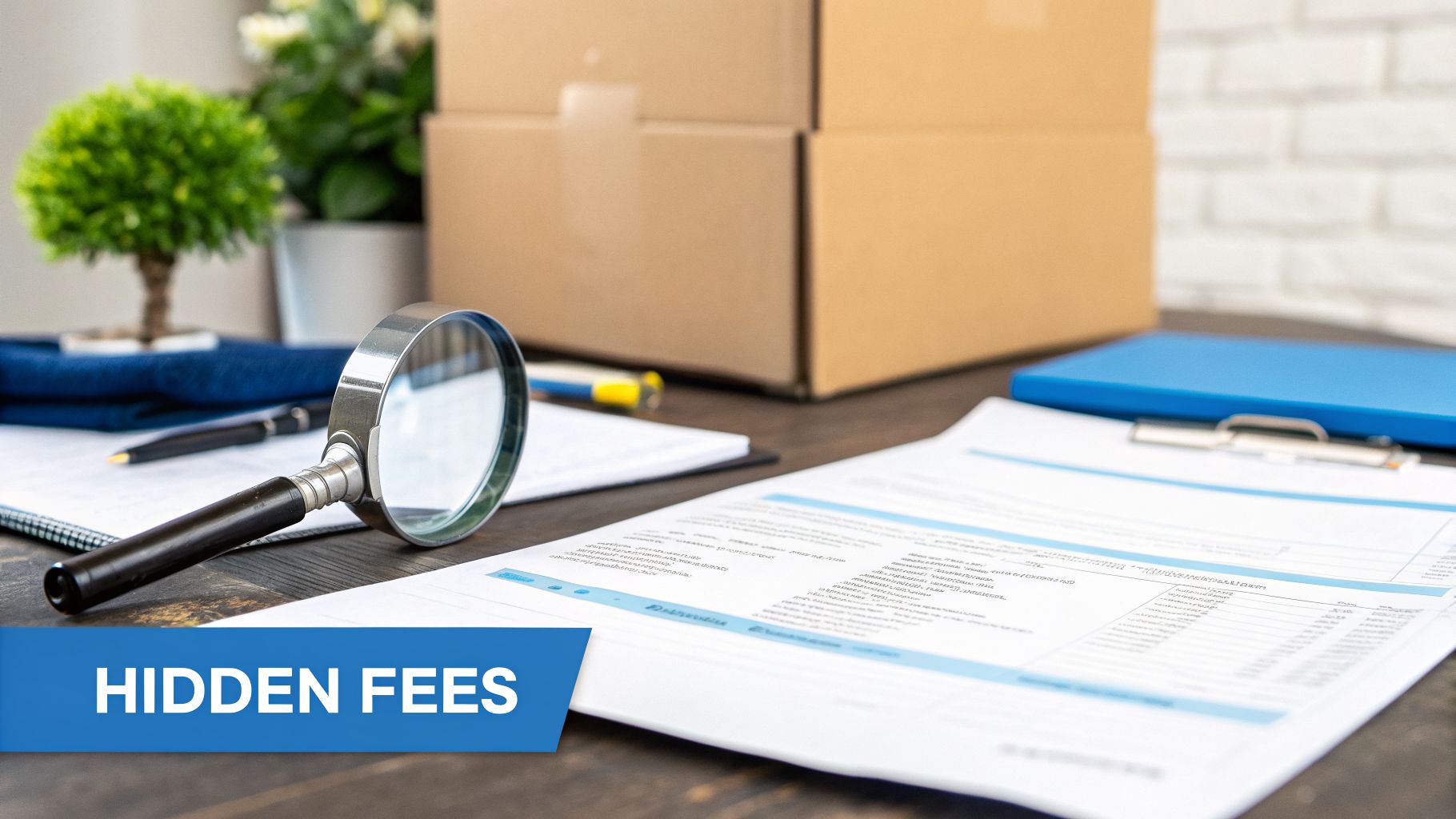 A magnifying glass lies on a document, with moving boxes and office supplies in the background, suggesting a search for hidden fees.