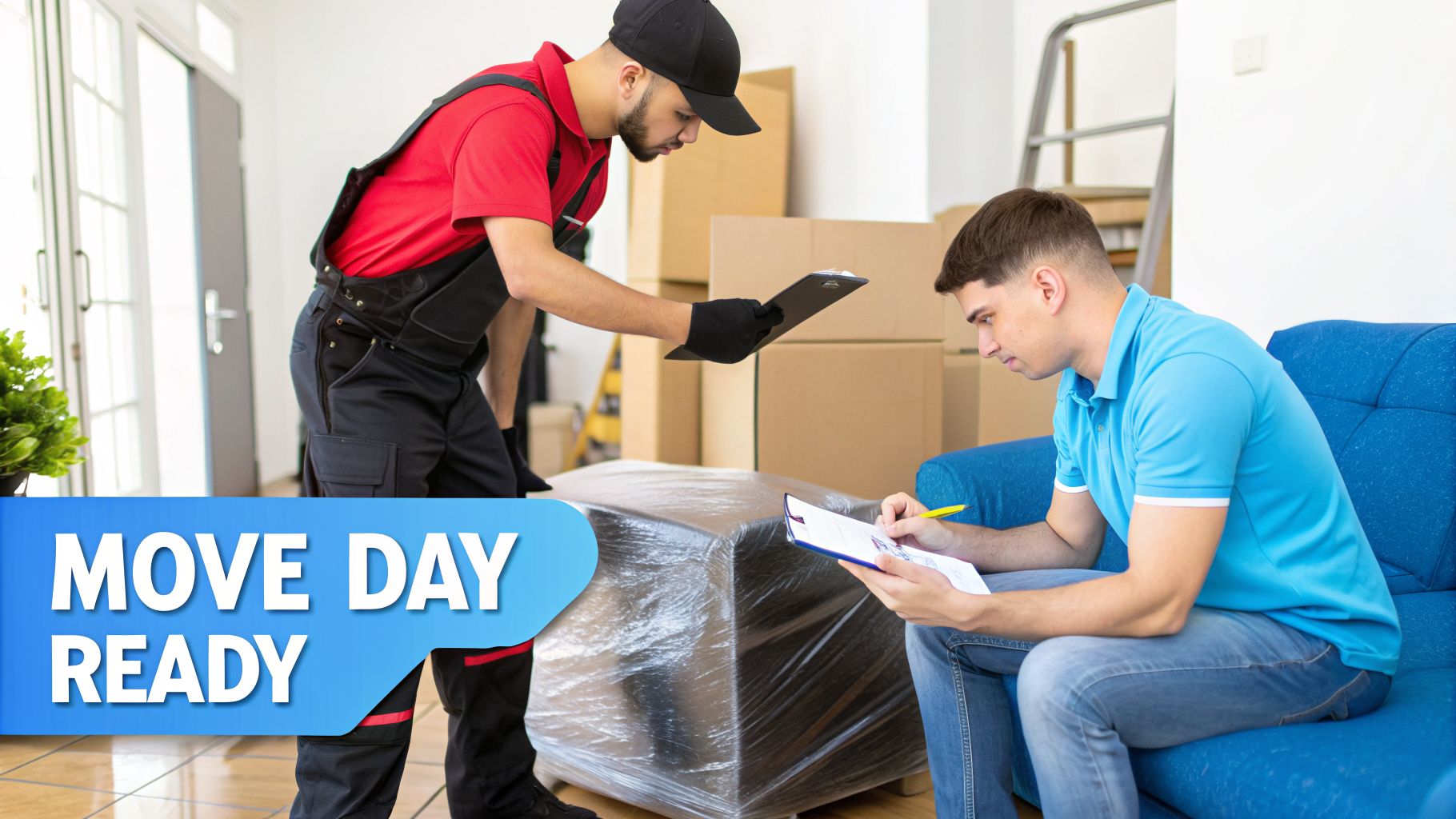 A moving company worker with a clipboard talks to a man signing documents on move day.