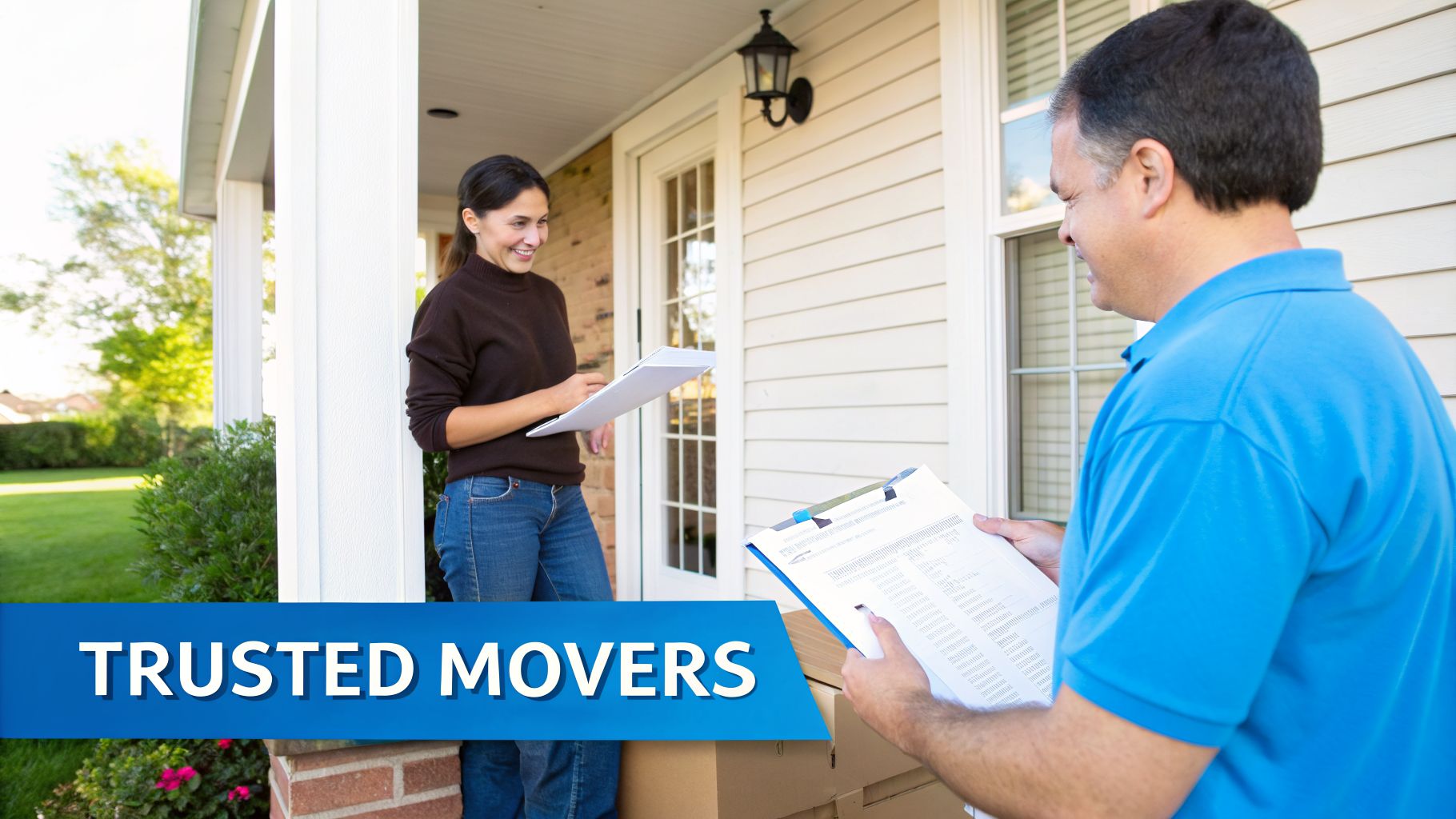 A smiling woman on her porch with a mover holding a clipboard and looking at documents next to moving boxes.