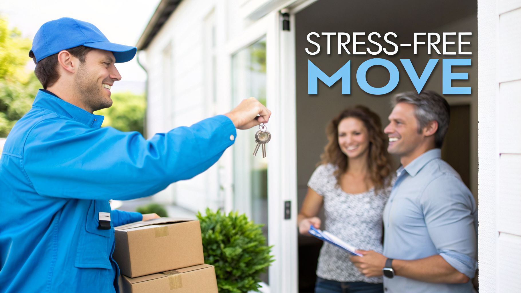 A smiling mover hands keys and boxes to a happy couple at their new home.