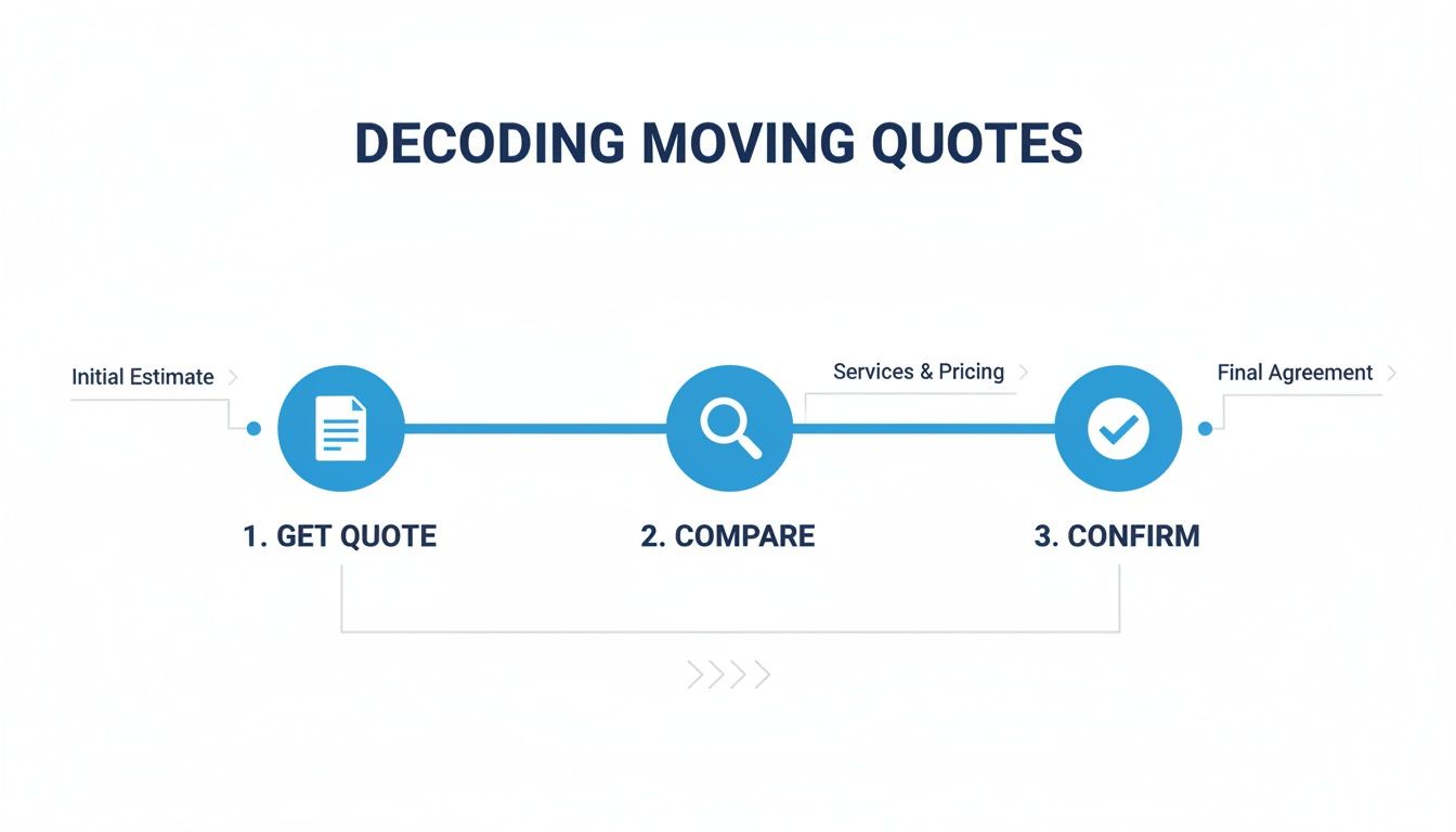 Infographic illustrating a three-step process for decoding moving quotes: get, compare, and confirm.