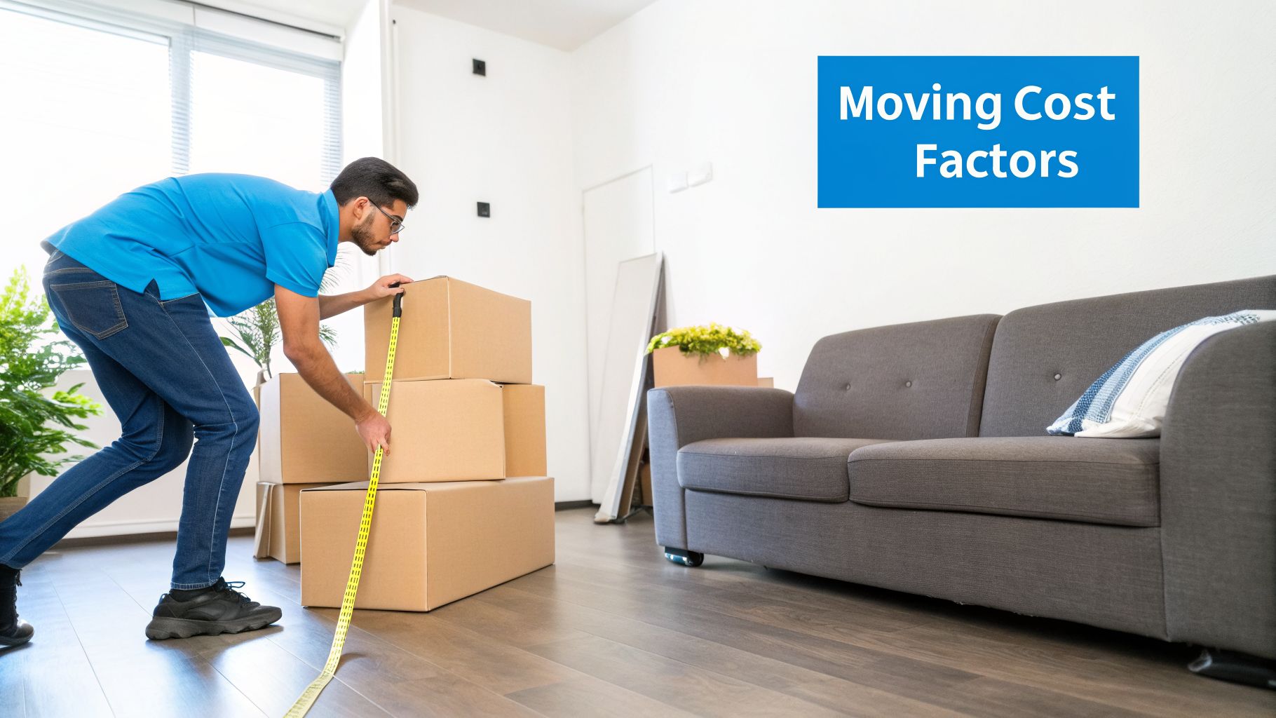A man in a blue shirt measures moving boxes with a tape measure in a bright room with a sofa.