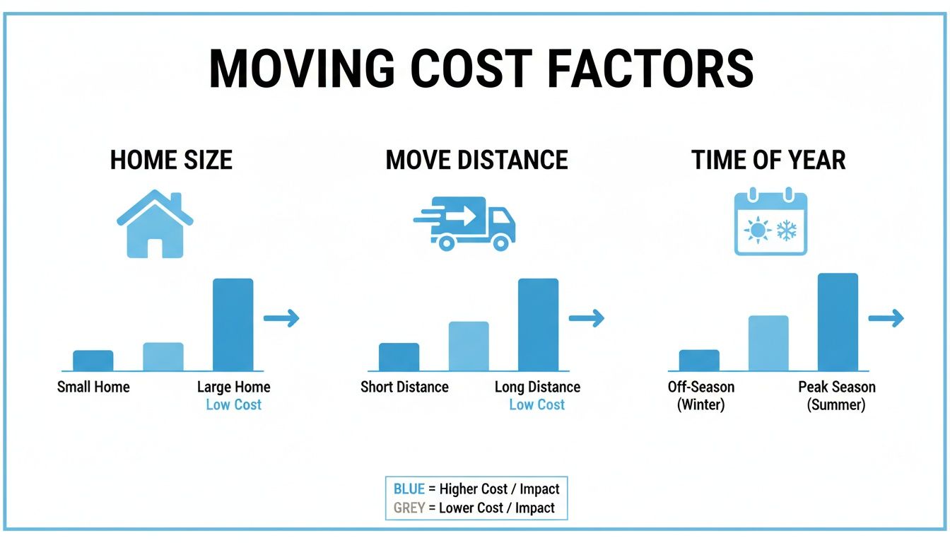 Moving cost factors chart shows how home size, distance, and time of year impact expenses.