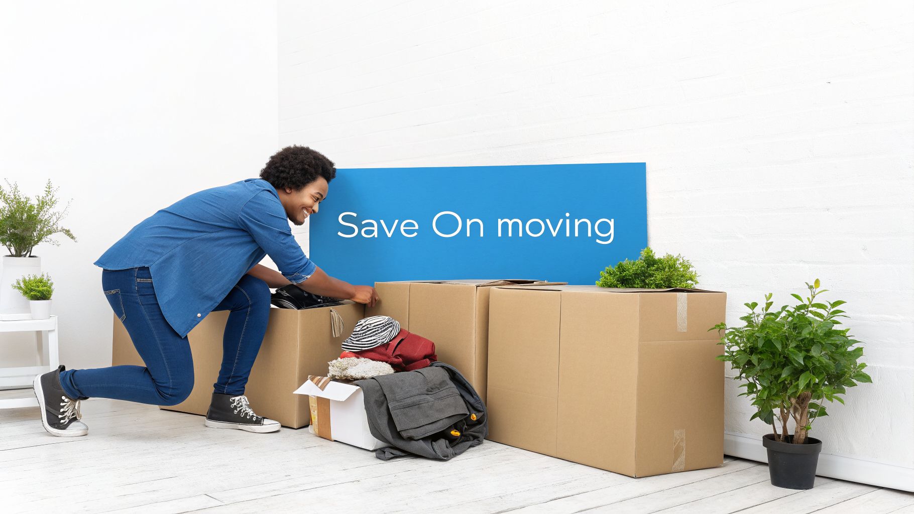 A smiling person packs moving boxes, with a blue sign saying 'Save On moving' in the background.