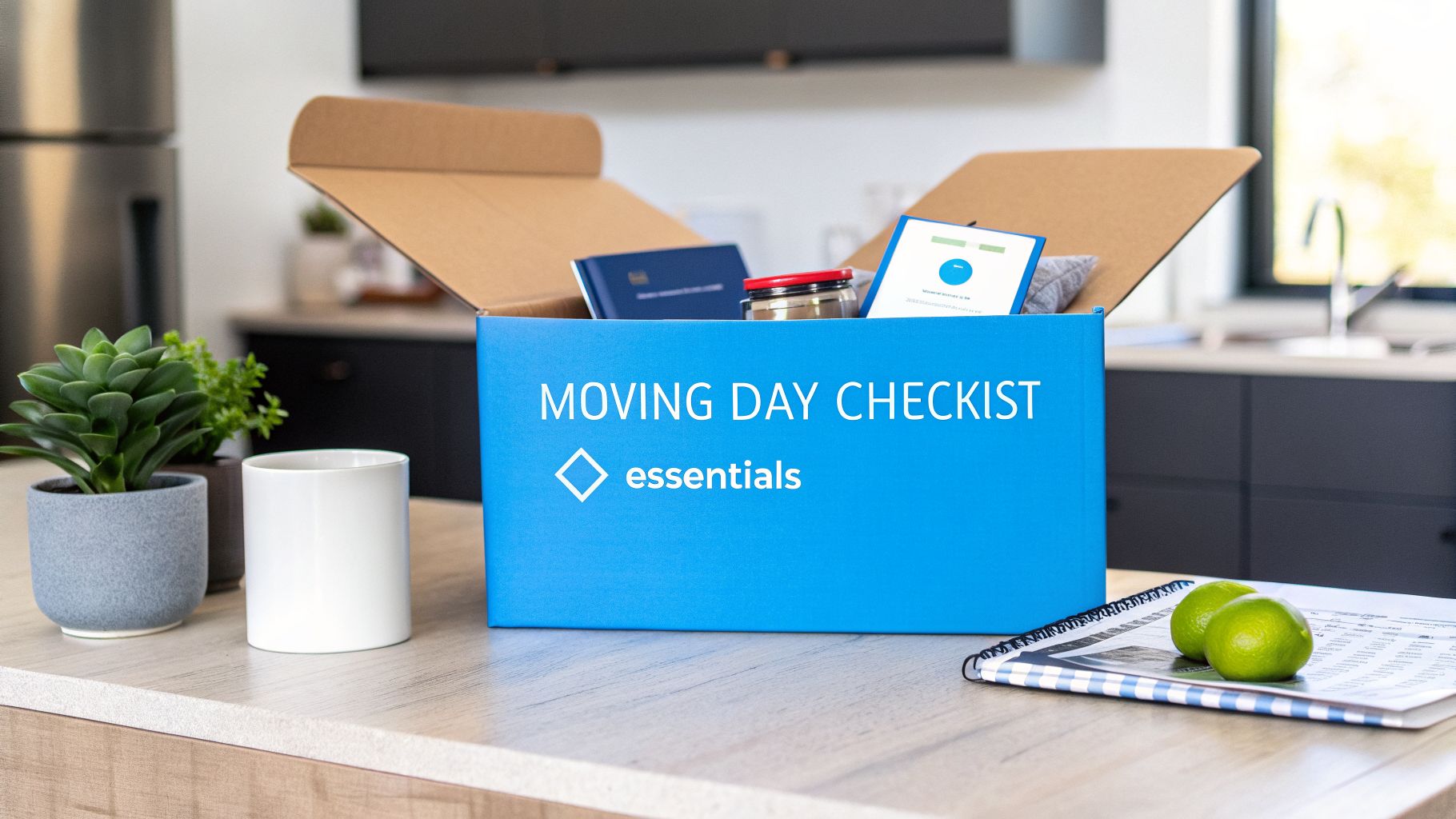 A 'MOVING DAY CHECKLIST essentials' box on a modern kitchen counter with plants, a mug, and a notebook.