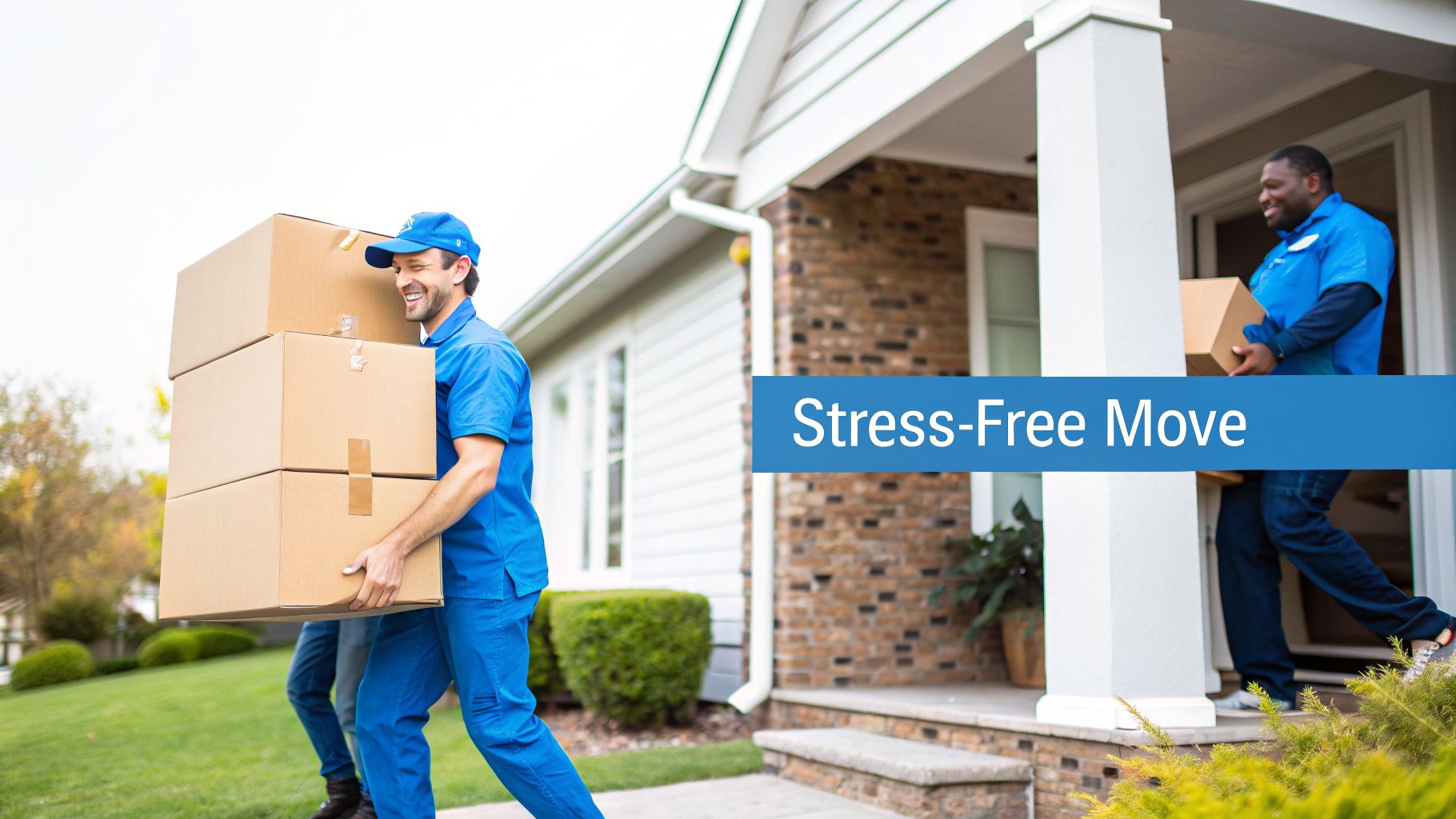 Two smiling movers in blue uniforms carrying moving boxes into a house, ensuring a stress-free experience.