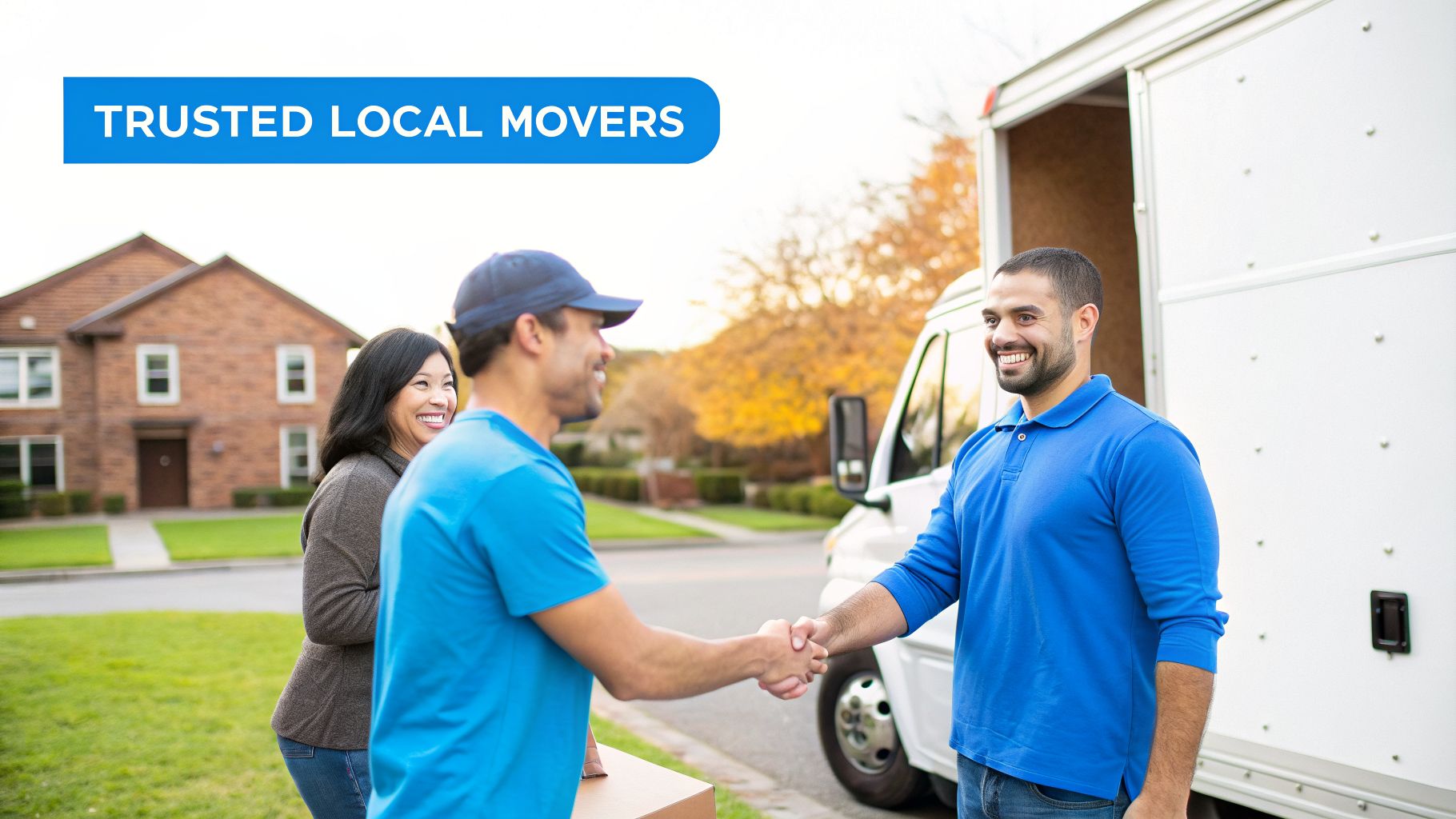 A mover and a customer shake hands in front of a moving truck, with a smiling woman nearby.