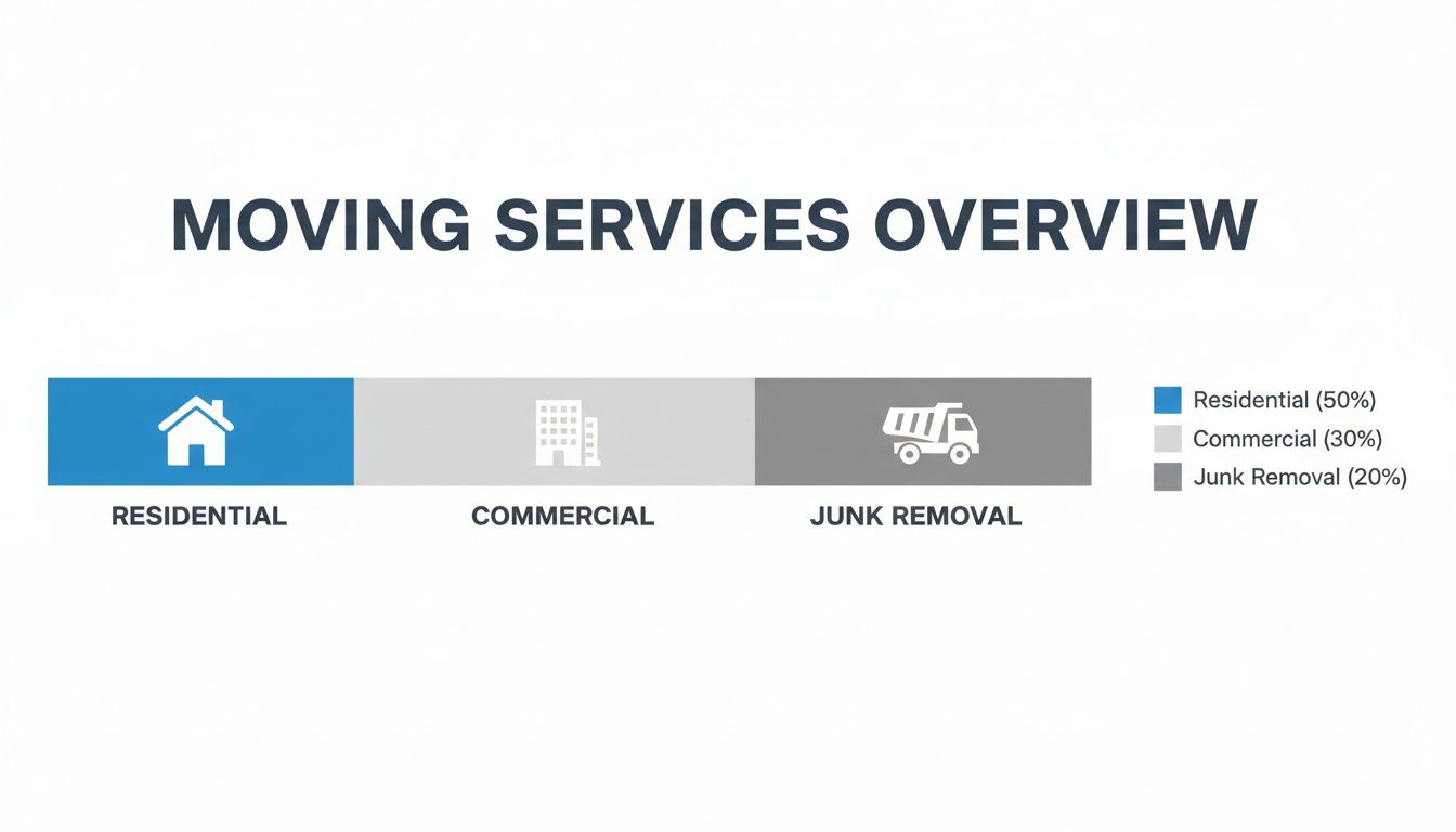 Infographic detailing moving services: residential (50%), commercial (30%), and junk removal (20%) breakdown.