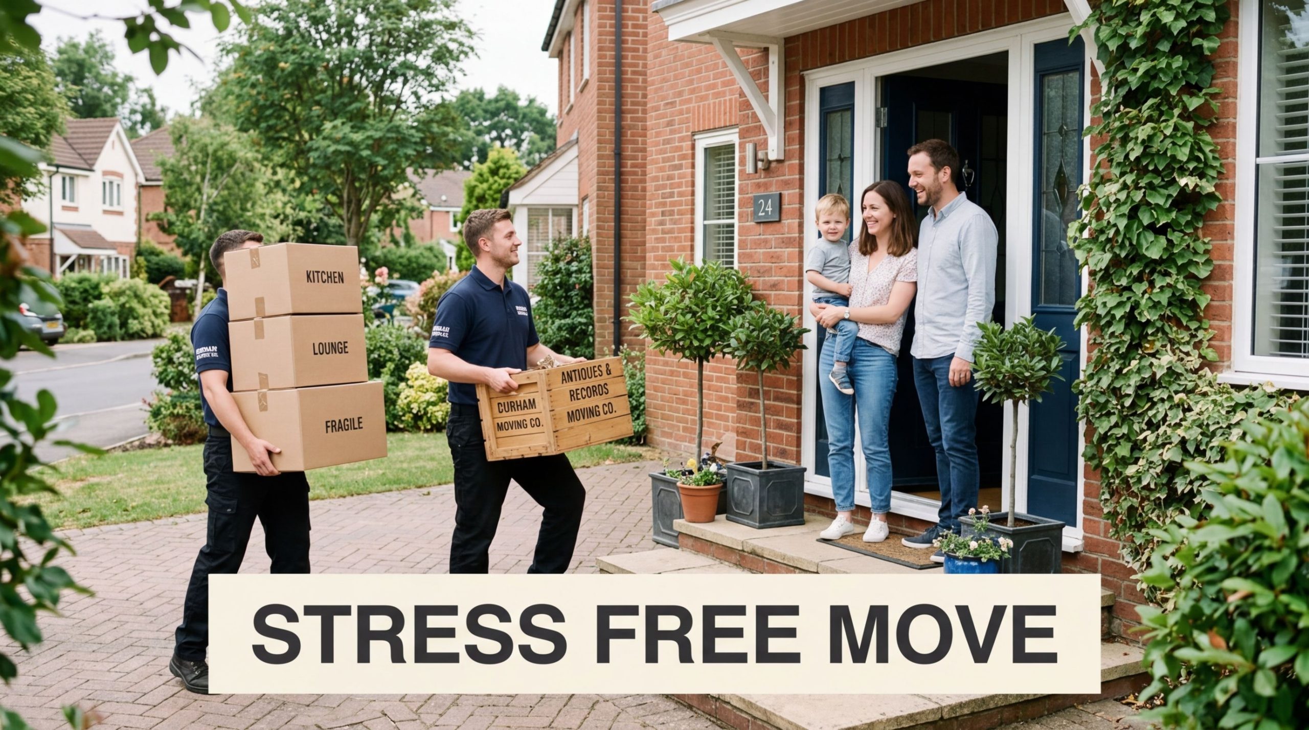 Happy family watches professional movers deliver boxes to their new home, promoting stress-free relocation.