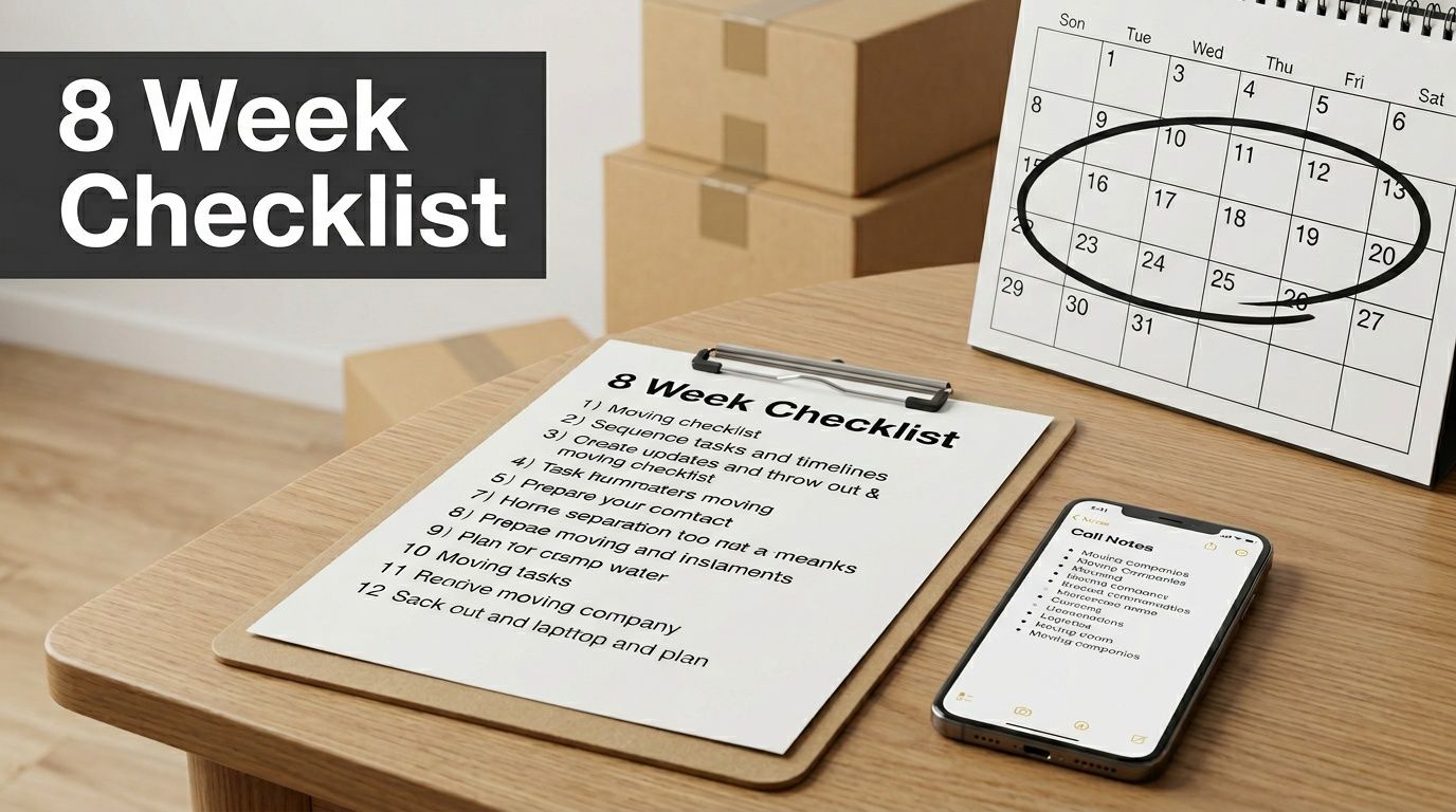 A moving checklist, calendar, and phone with call notes for an 8-week moving plan.