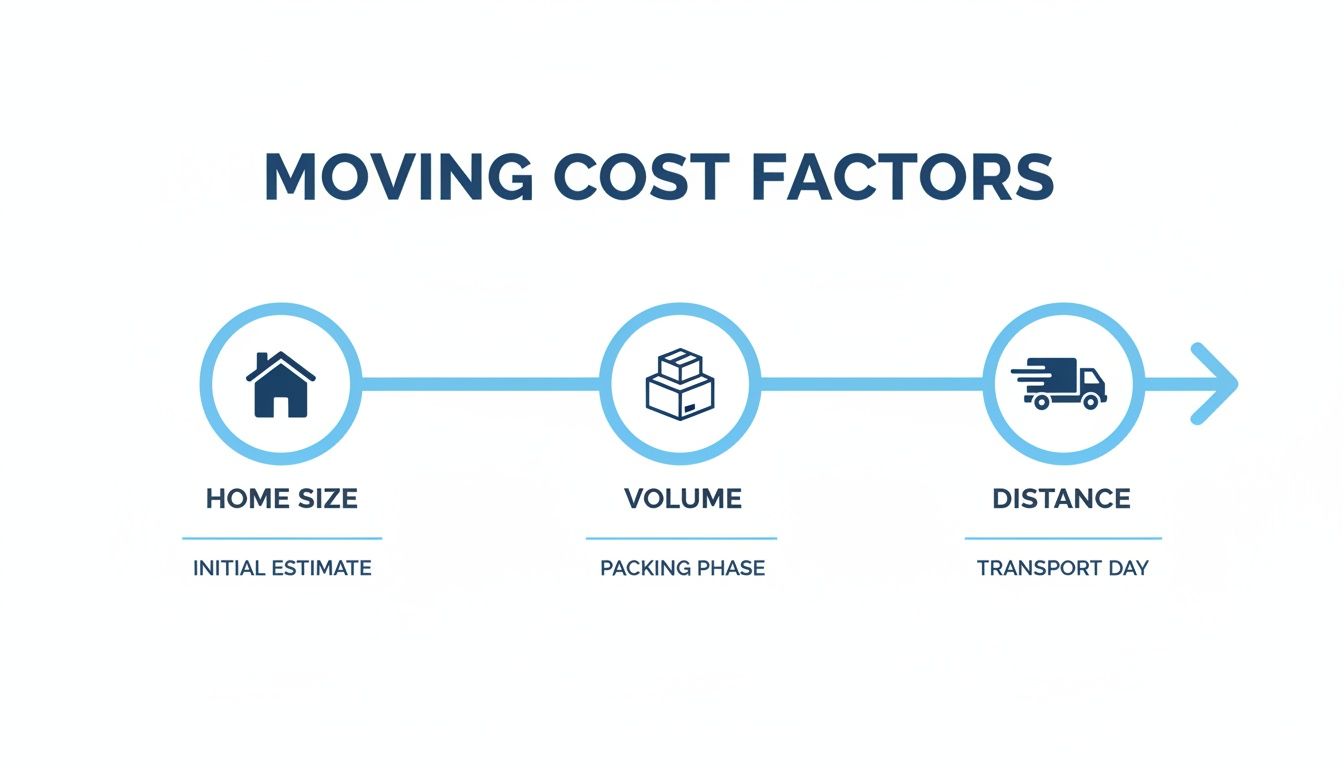 Infographic illustrating moving cost factors: home size, volume, and distance, across different phases.
