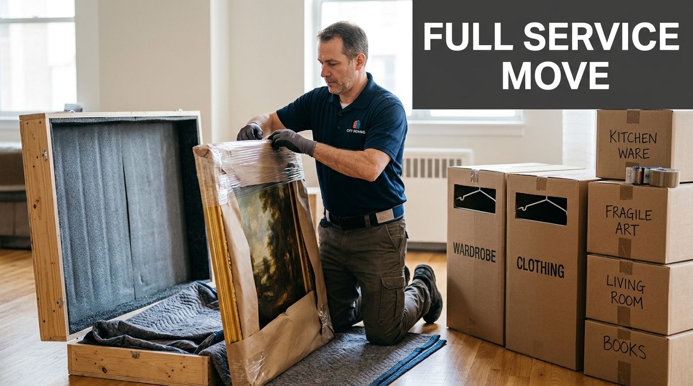 A mover carefully packs a large framed painting into a padded wooden crate amidst moving boxes.