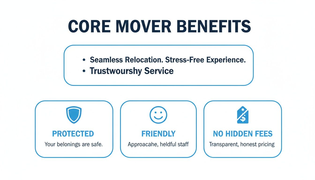 Infographic detailing core mover benefits: seamless relocation, protected belongings, friendly staff, and no hidden fees.