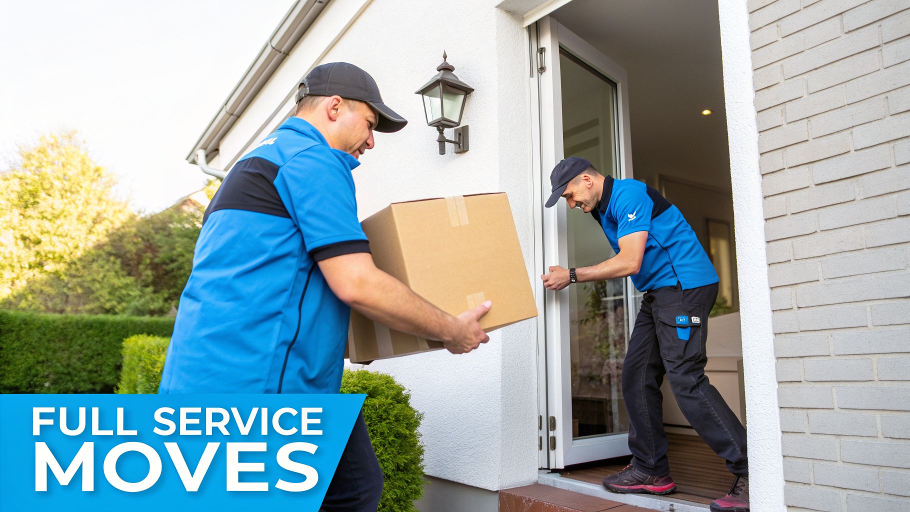 Two movers in blue shirts delivering a cardboard box to a house, showcasing a full-service move.