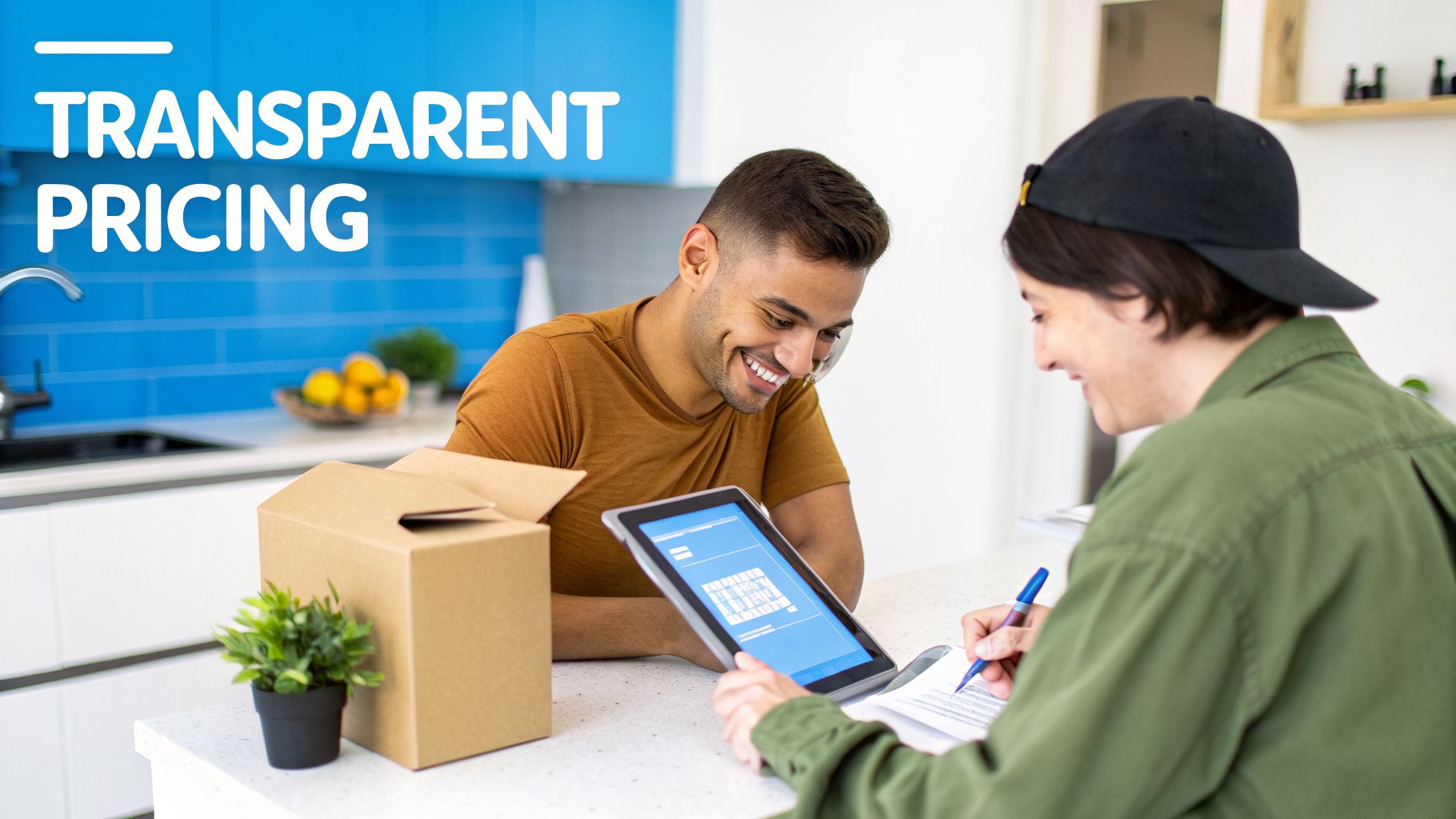 Two smiling customers reviewing transparent pricing details on a tablet and signing paperwork in a modern kitchen.