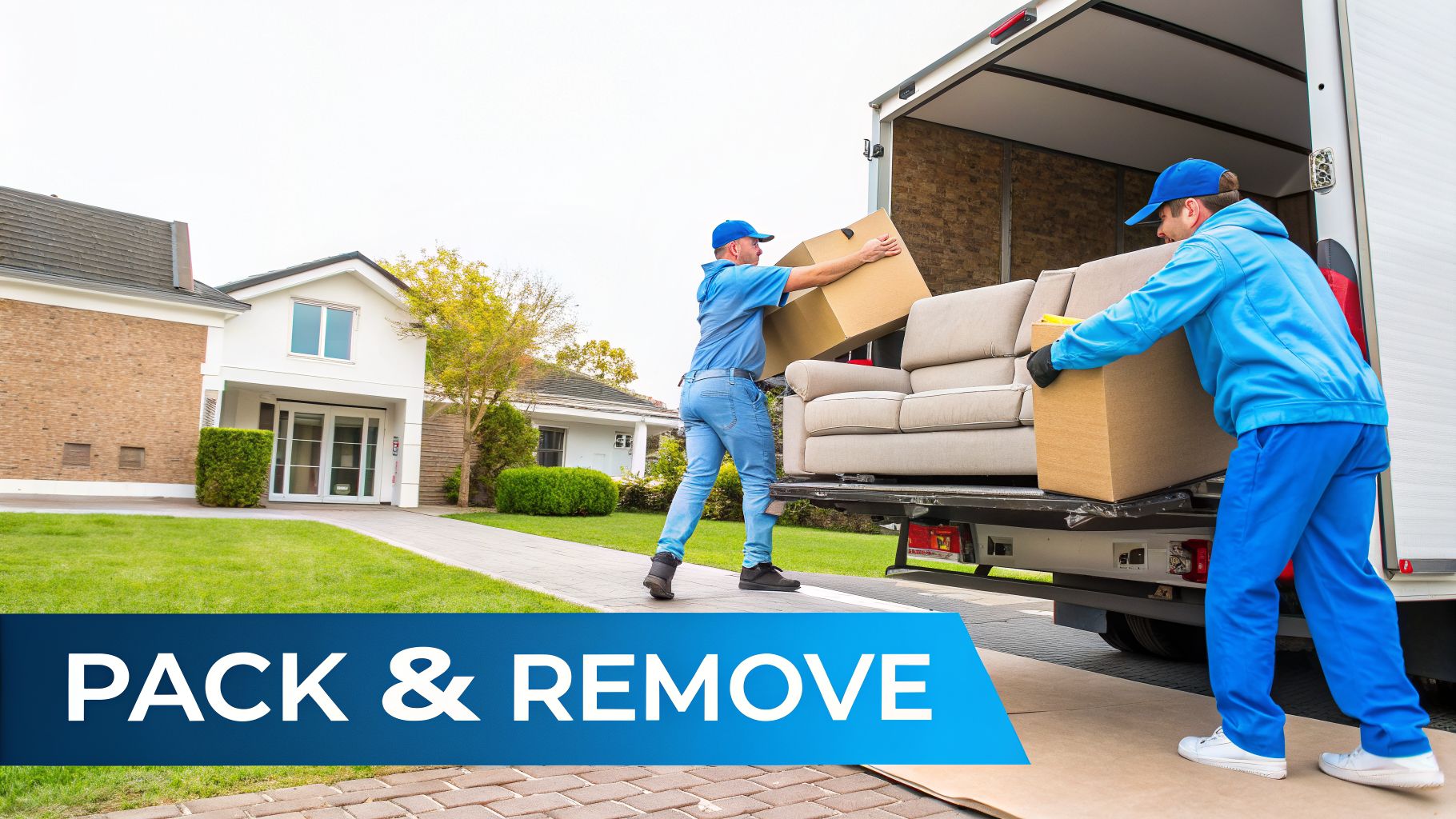 Two professional movers load a beige sofa and cardboard boxes into a white moving truck.
