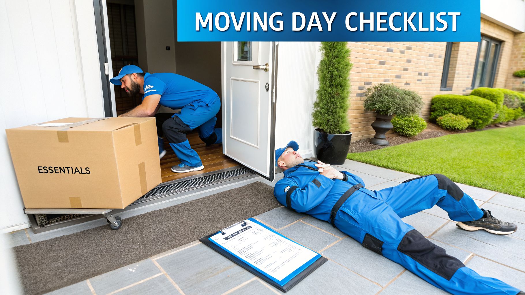Two professional movers: one pushing an "ESSENTIALS" box, the other tired on the ground with a checklist.
