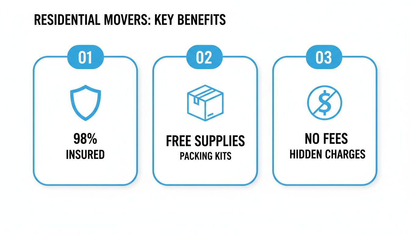 Infographic detailing residential mover benefits: 98% insured, free supplies, and no hidden charges.